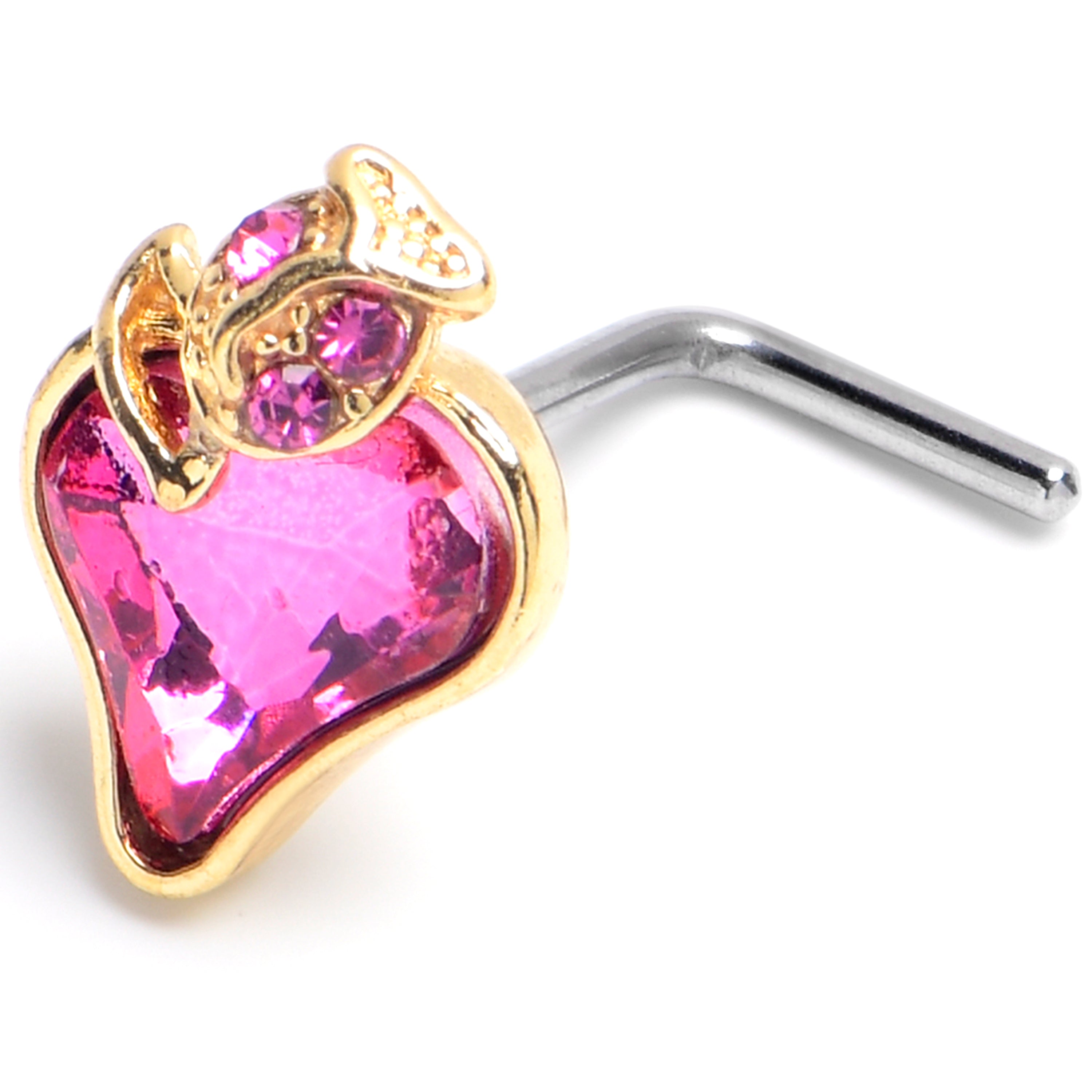 BodyCandy 20G 1/4 Pink Gem Strawberry Love Golden L Shape Nose Ring — main product shot