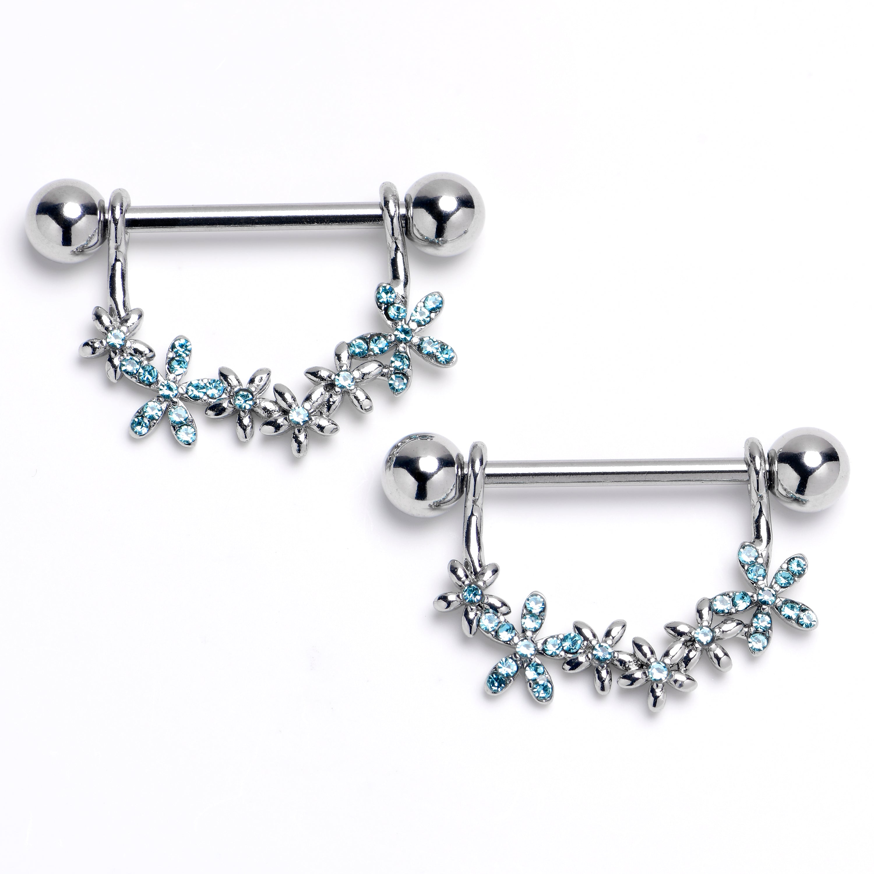 BodyCandy 14G 9/16 Blue CZ Gem Flower Chain Dangle Nipple Ring Set — main product shot
