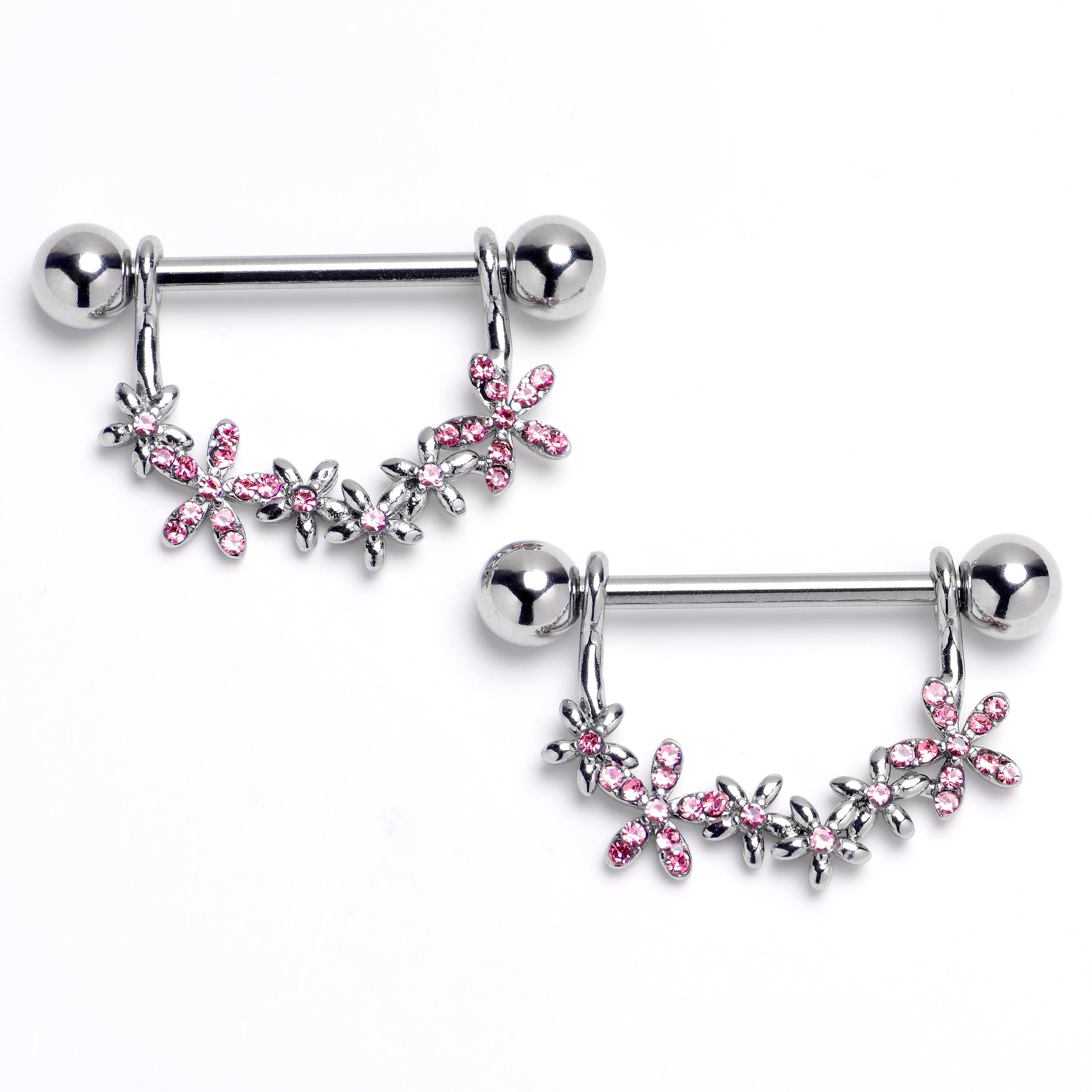 BodyCandy 14G 9/16 Pink CZ Gem Flower Chain Dangle Nipple Ring Set — main product shot