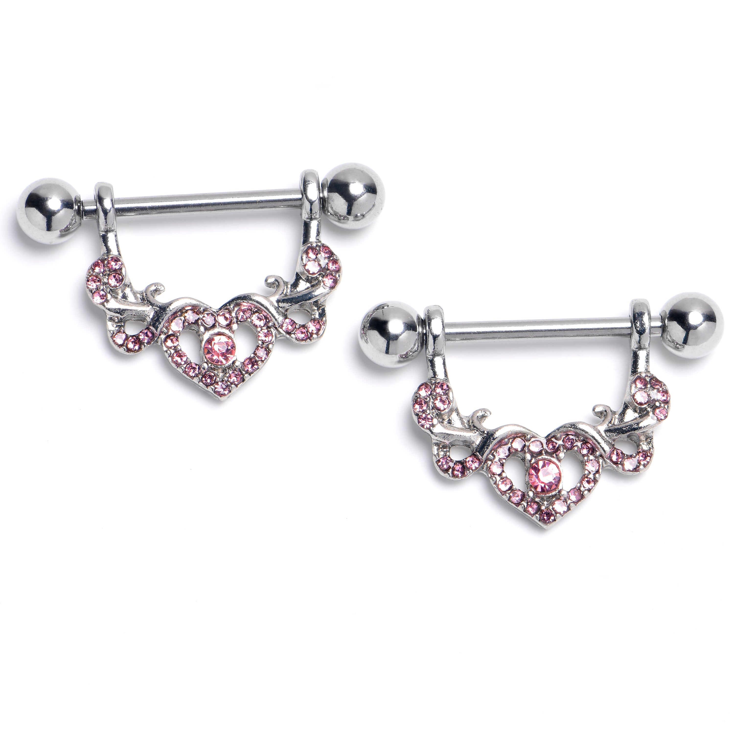BodyCandy 14G 9/16 Pink CZ Gem Ornate Hearts Dangle Nipple Ring Set — main product shot