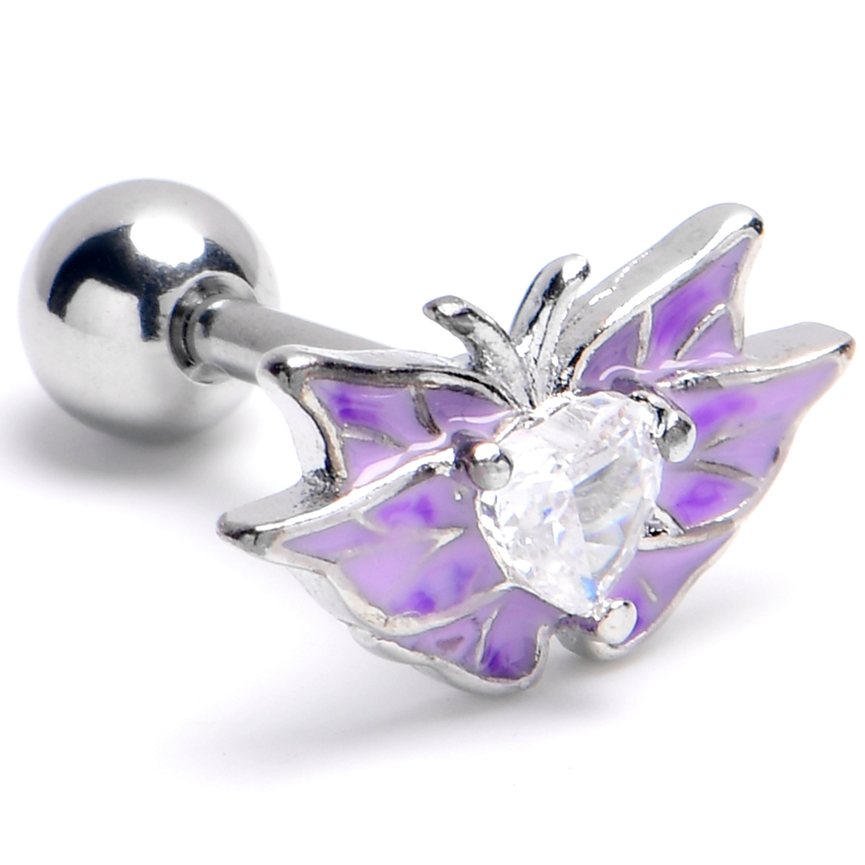 BodyCandy 16G 1/4 Clear Gem Heart Butterfly Purple Cartilage Tragus Earring — main product shot