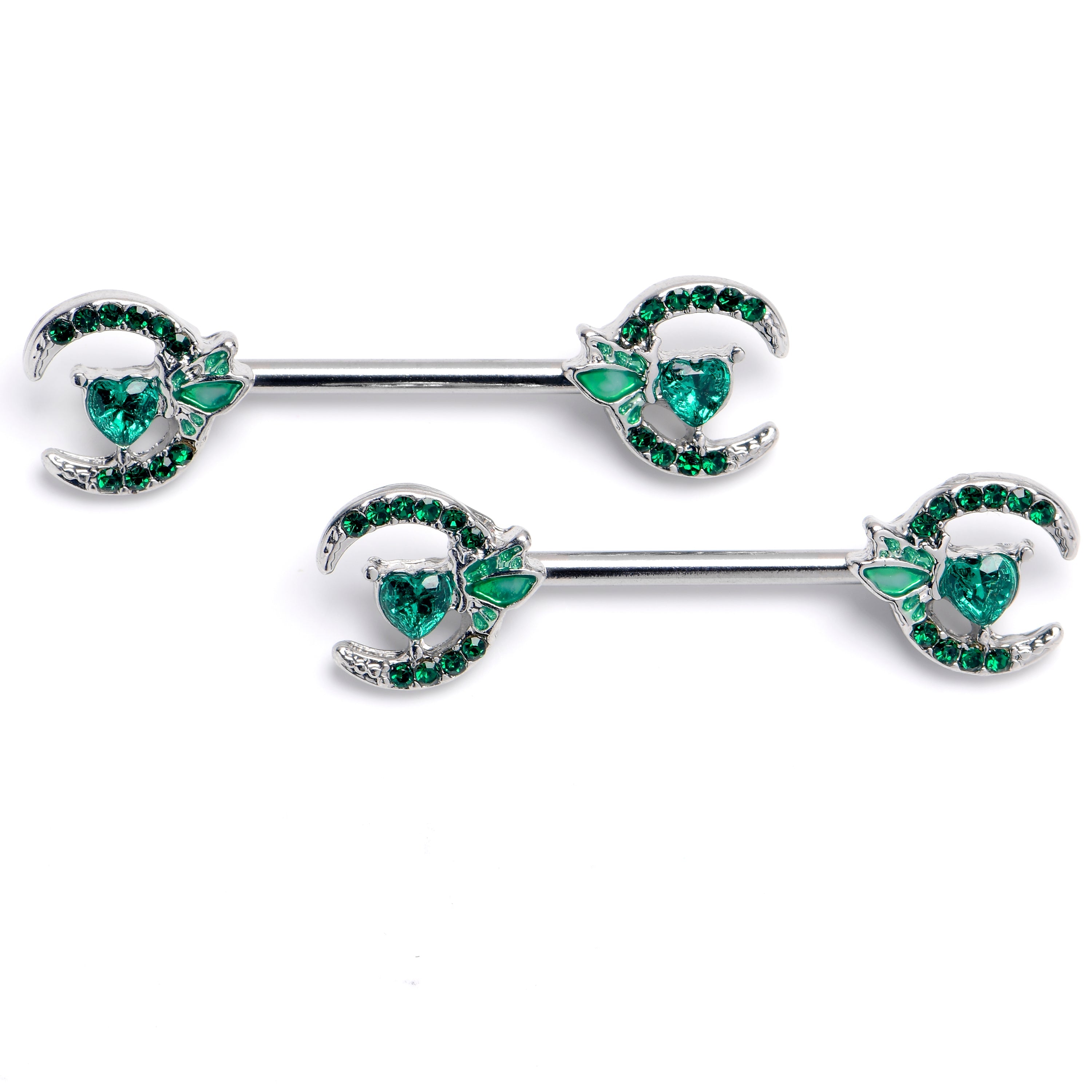 BodyCandy 14G 9/16 Green Gem Butterfly Heart Moon Barbell Nipple Ring Set — main product shot