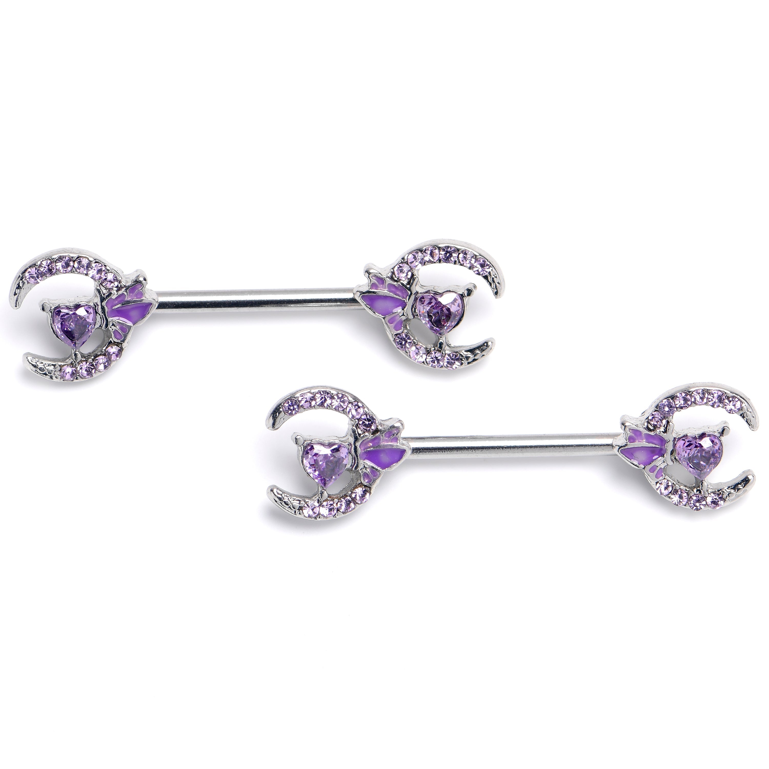 BodyCandy 14G 9/16 Purple Gem Butterfly Heart Moon Barbell Nipple Ring Set — main product shot
