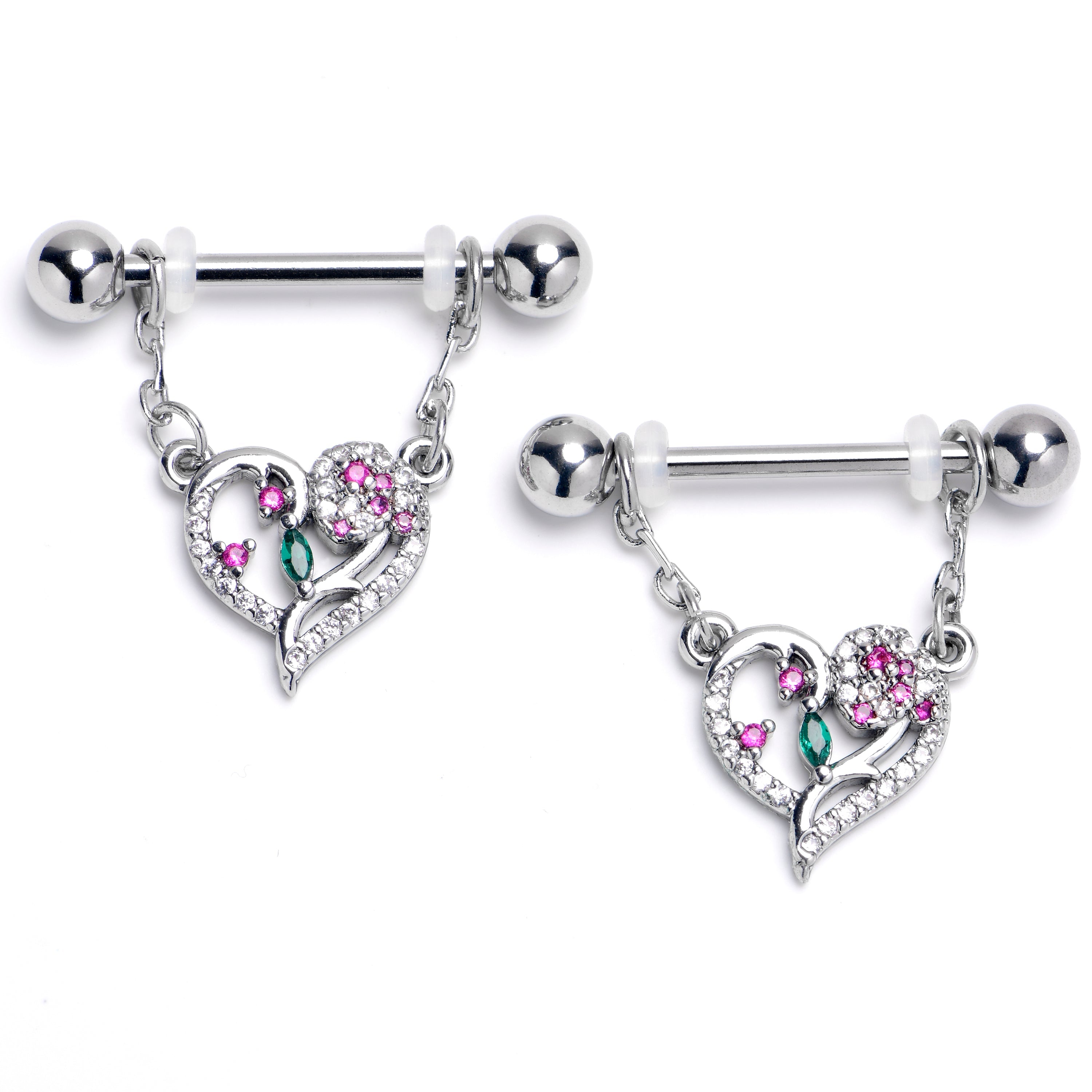 BodyCandy 14G 9/16 Emerald Passion CZ Gem Heart Dangle Nipple Ring Set — main product shot