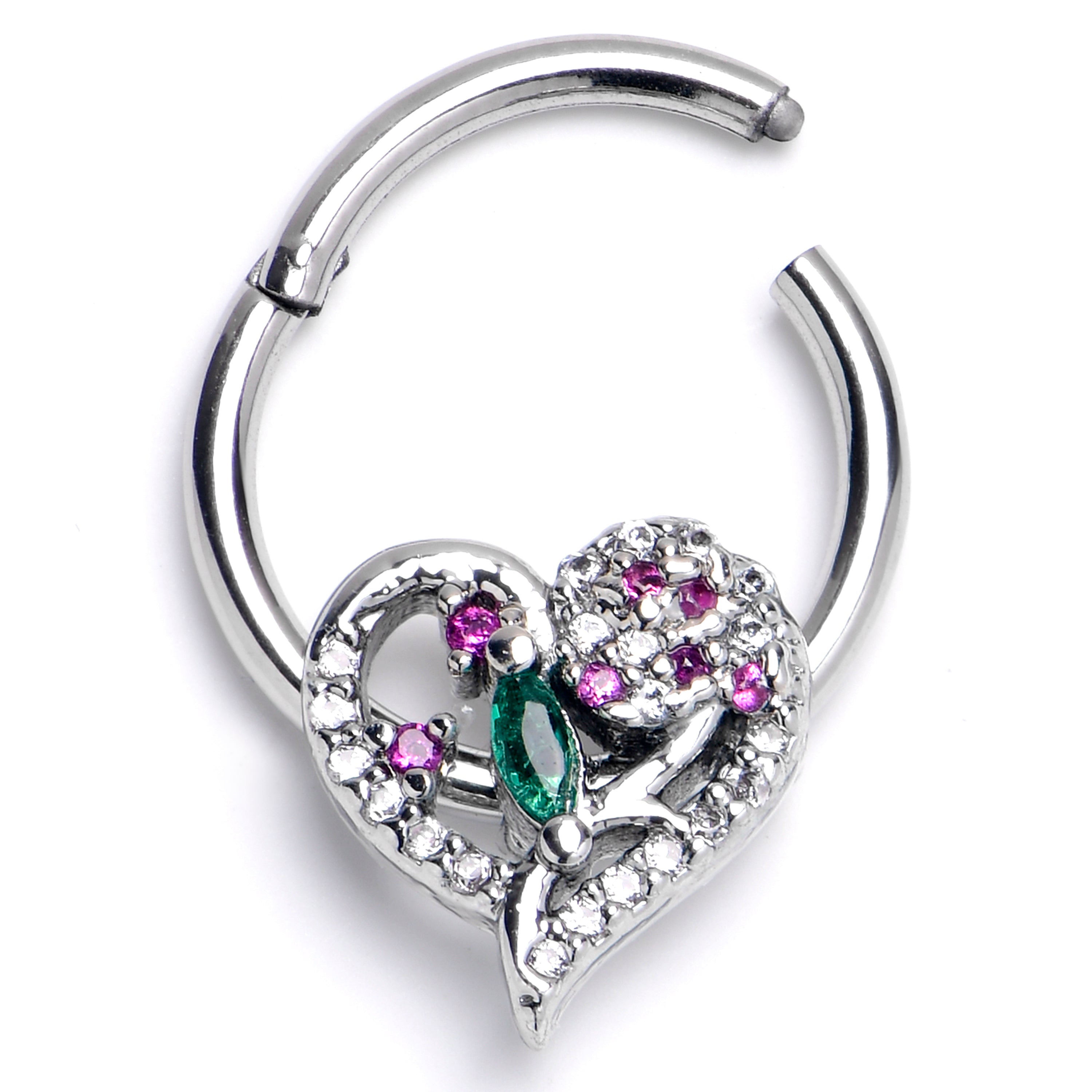 BodyCandy 16G 3/8 Emerald Passion CZ Gem Heart Hinged Segment Ring — main product shot