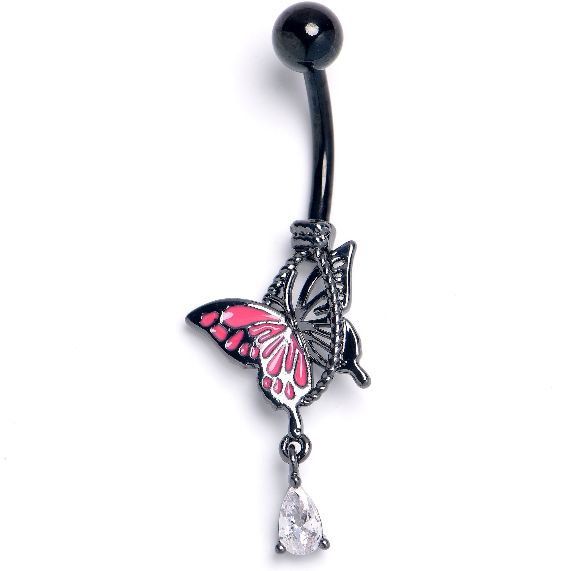BodyCandy Clear Gem Black Two Tone Butterfly Noose Dangle Belly Ring — main product shot
