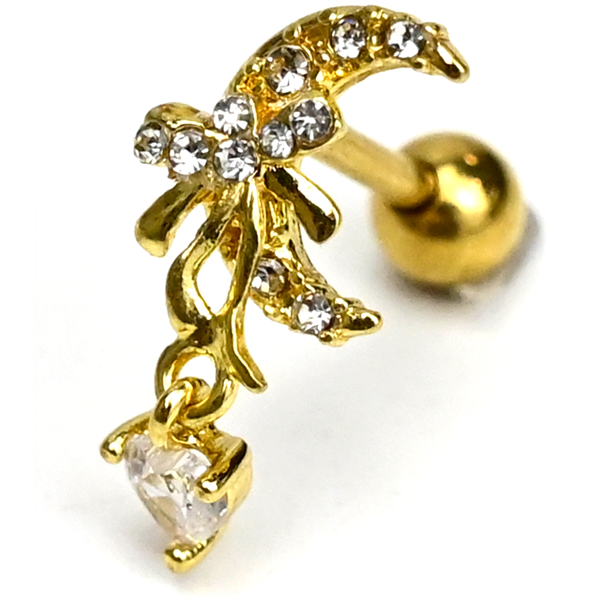 BodyCandy 16G 1/4 Clear Gem Gold Hue Moon Bow Heart Dangle Cartilage Earring — main product shot
