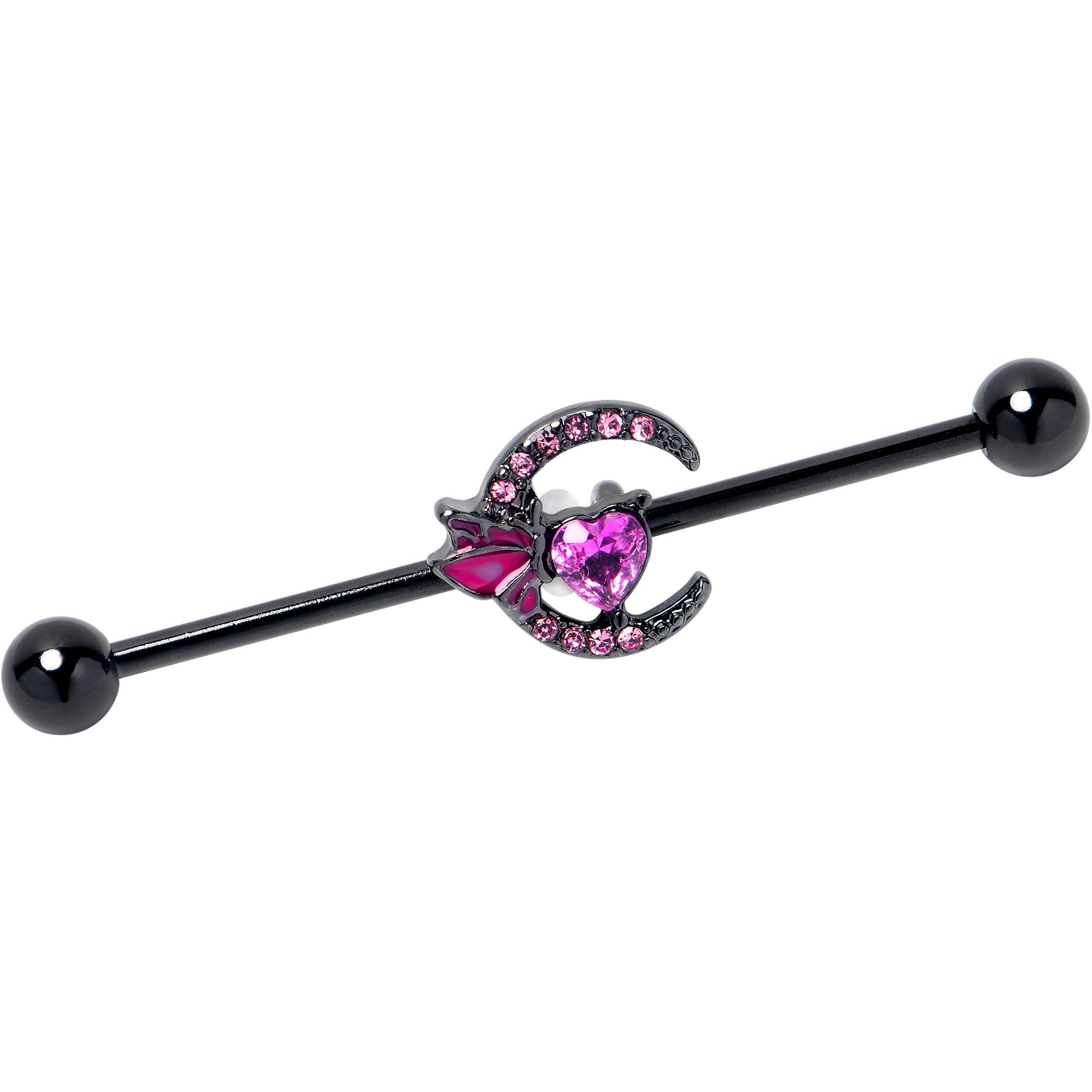 BodyCandy 14G Pink Gem Black Moon Heart Butterfly Industrial Barbell 38mm — main product shot