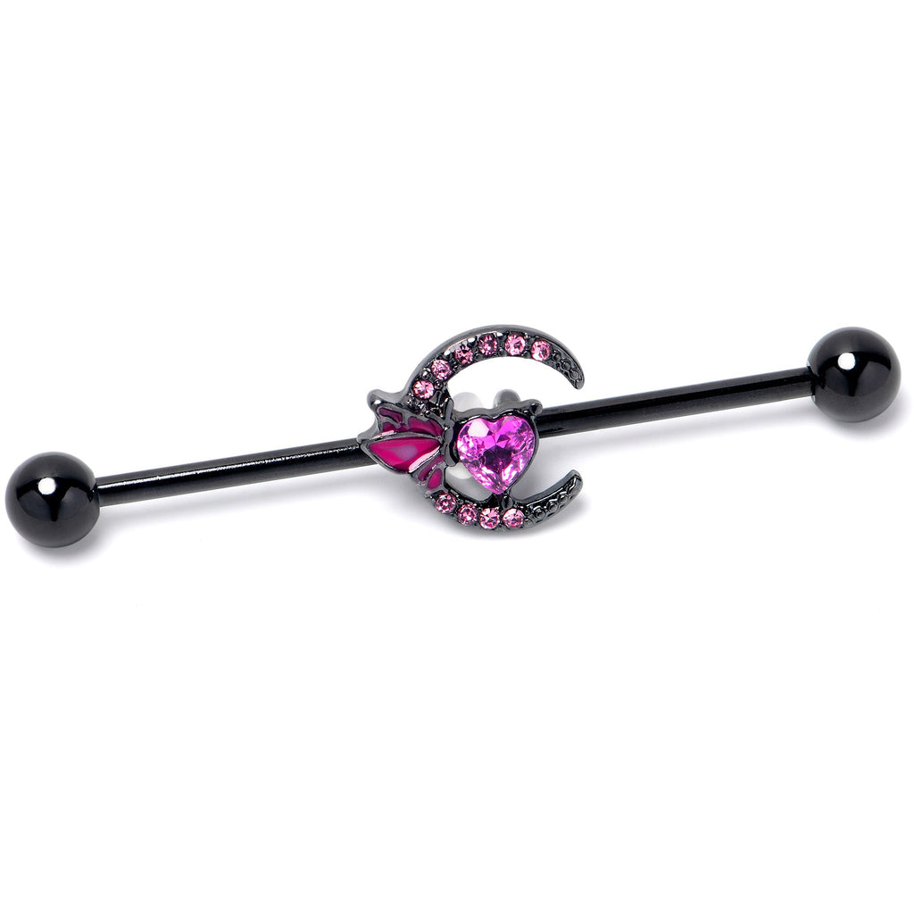 BodyCandy 14G Pink Gem Black Moon Heart Butterfly Industrial Barbell 38mm — detail close-up