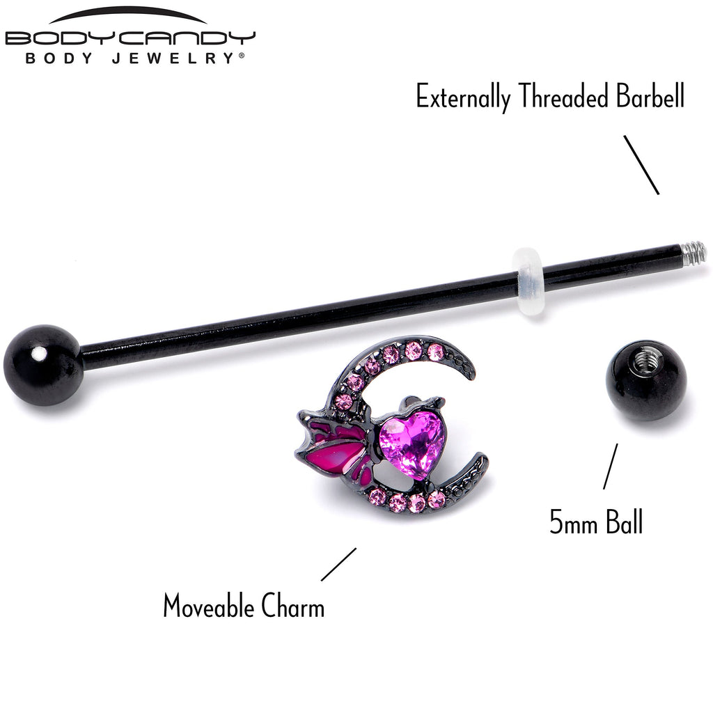 BodyCandy 14G Pink Gem Black Moon Heart Butterfly Industrial Barbell 38mm — side view