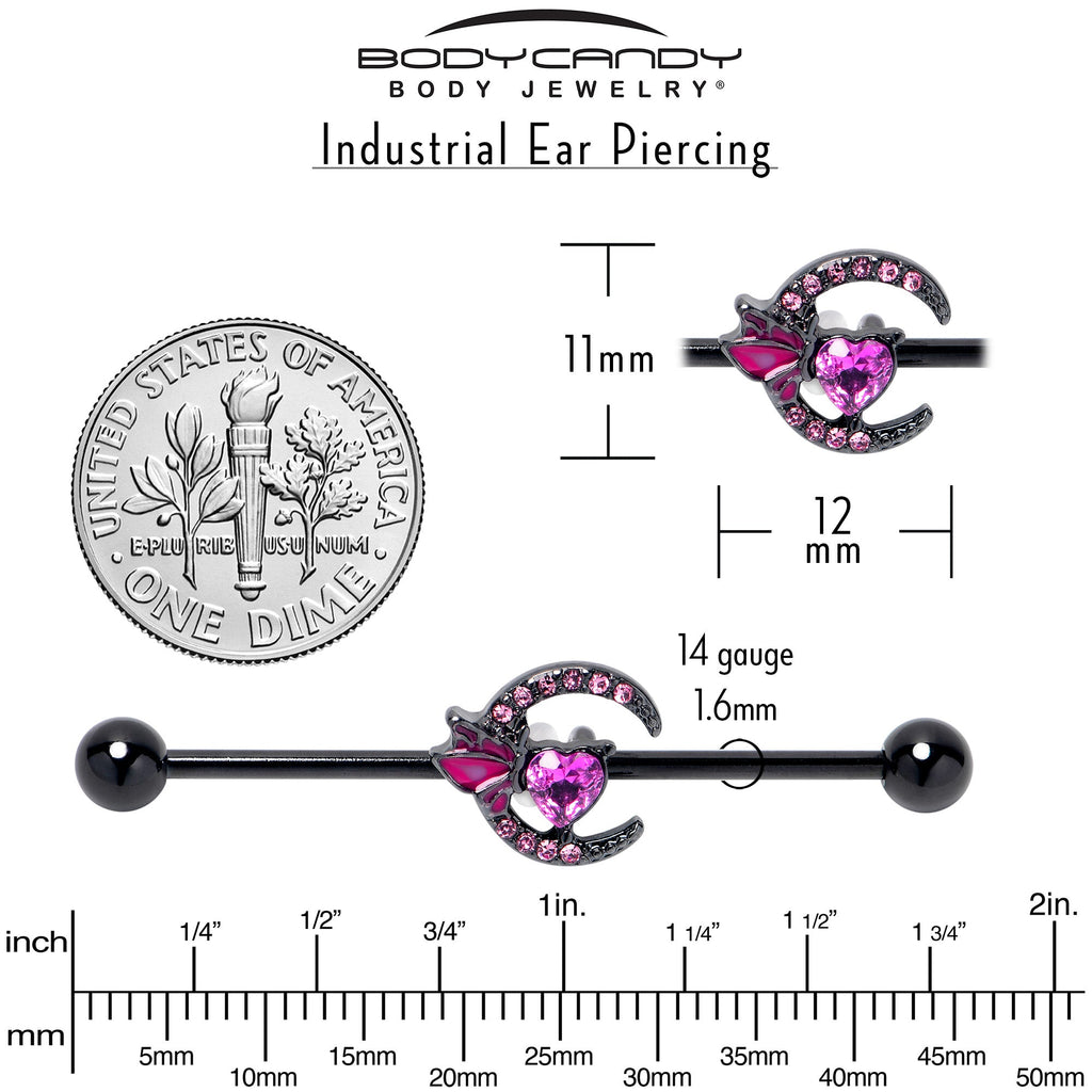 BodyCandy 14G Pink Gem Black Moon Heart Butterfly Industrial Barbell 38mm — back view