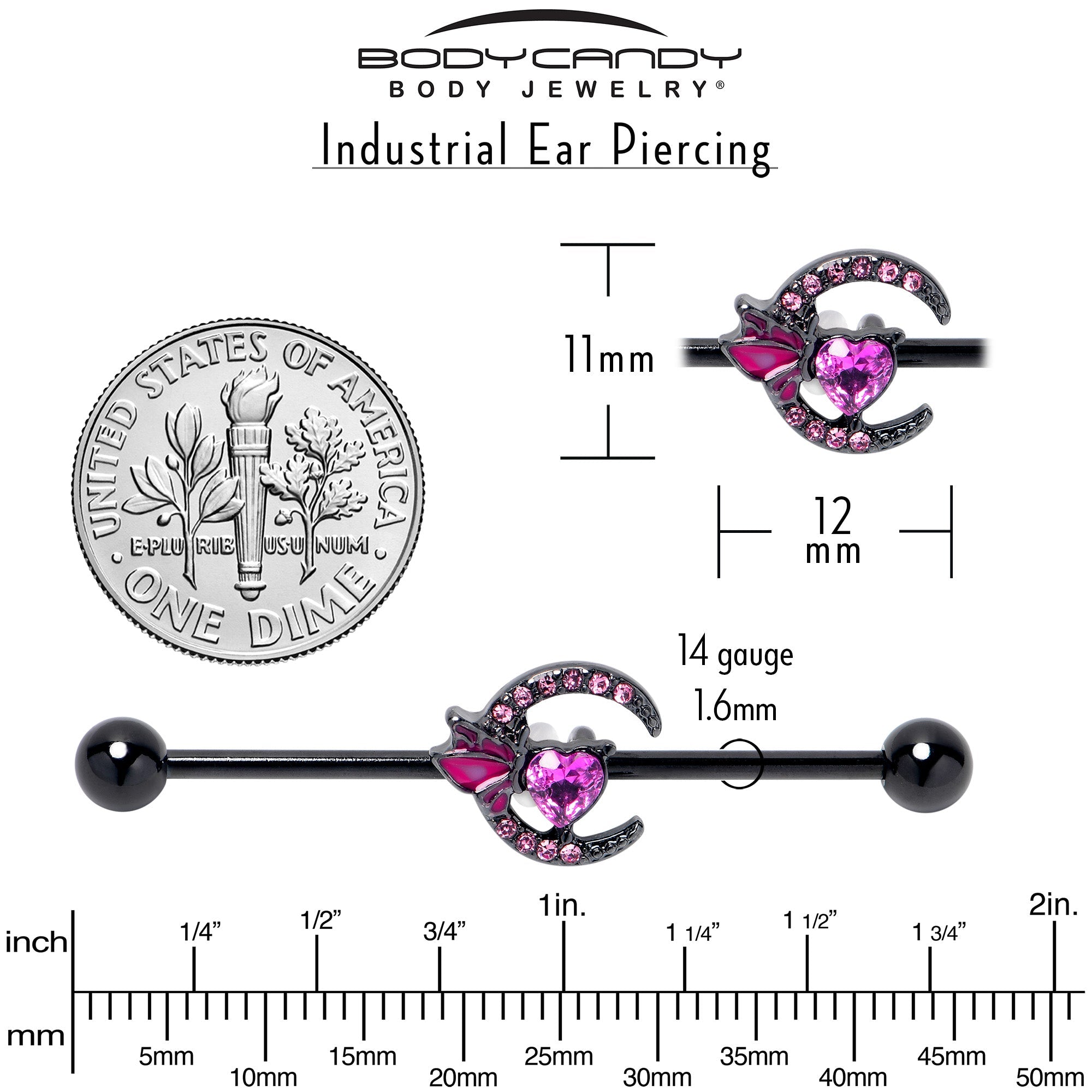 BodyCandy 14G Pink Gem Black Moon Heart Butterfly Industrial Barbell 38mm — back view