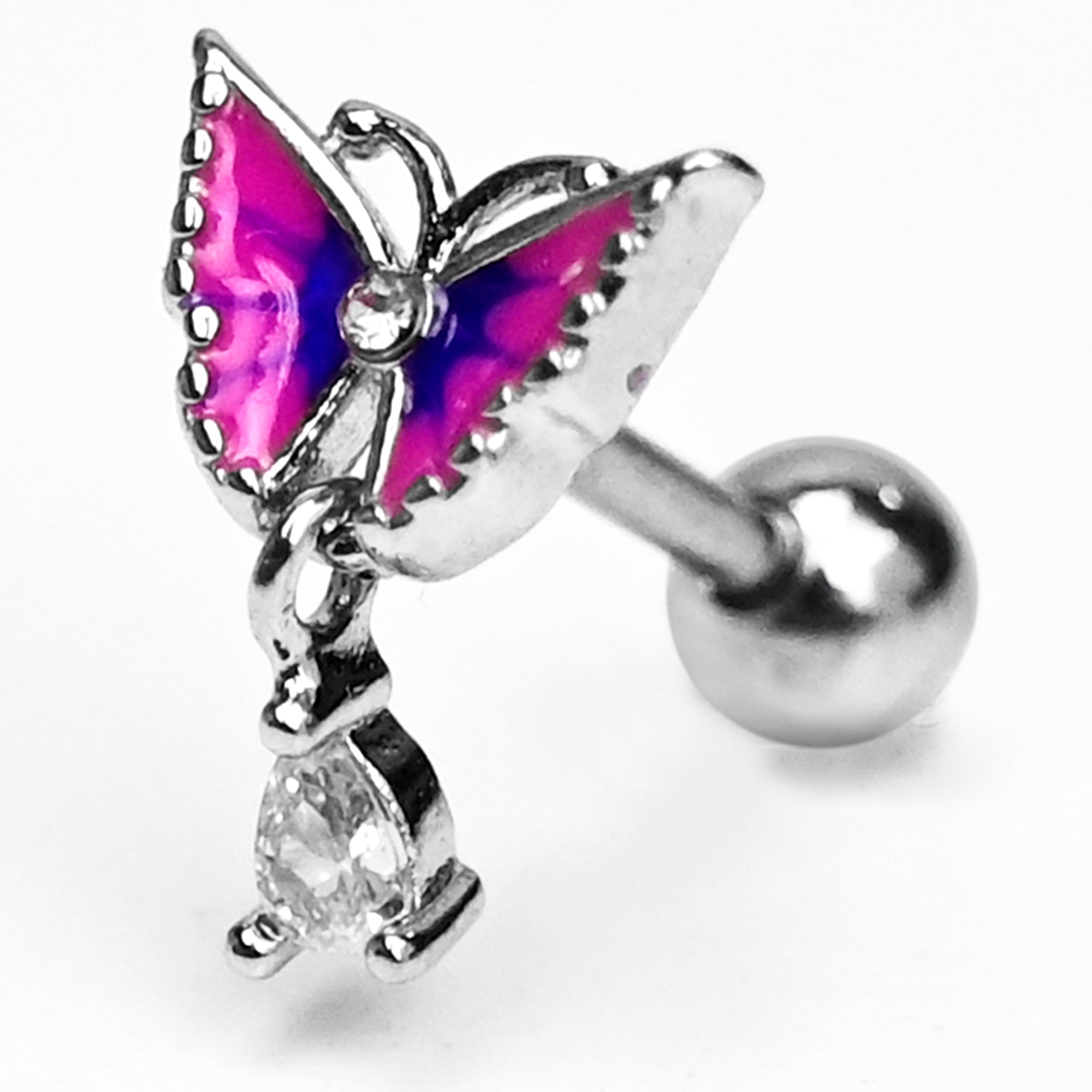 BodyCandy 16G 1/4 Clear Gem Butterfly Pink Dangle Cartilage Tragus Earring — main product shot