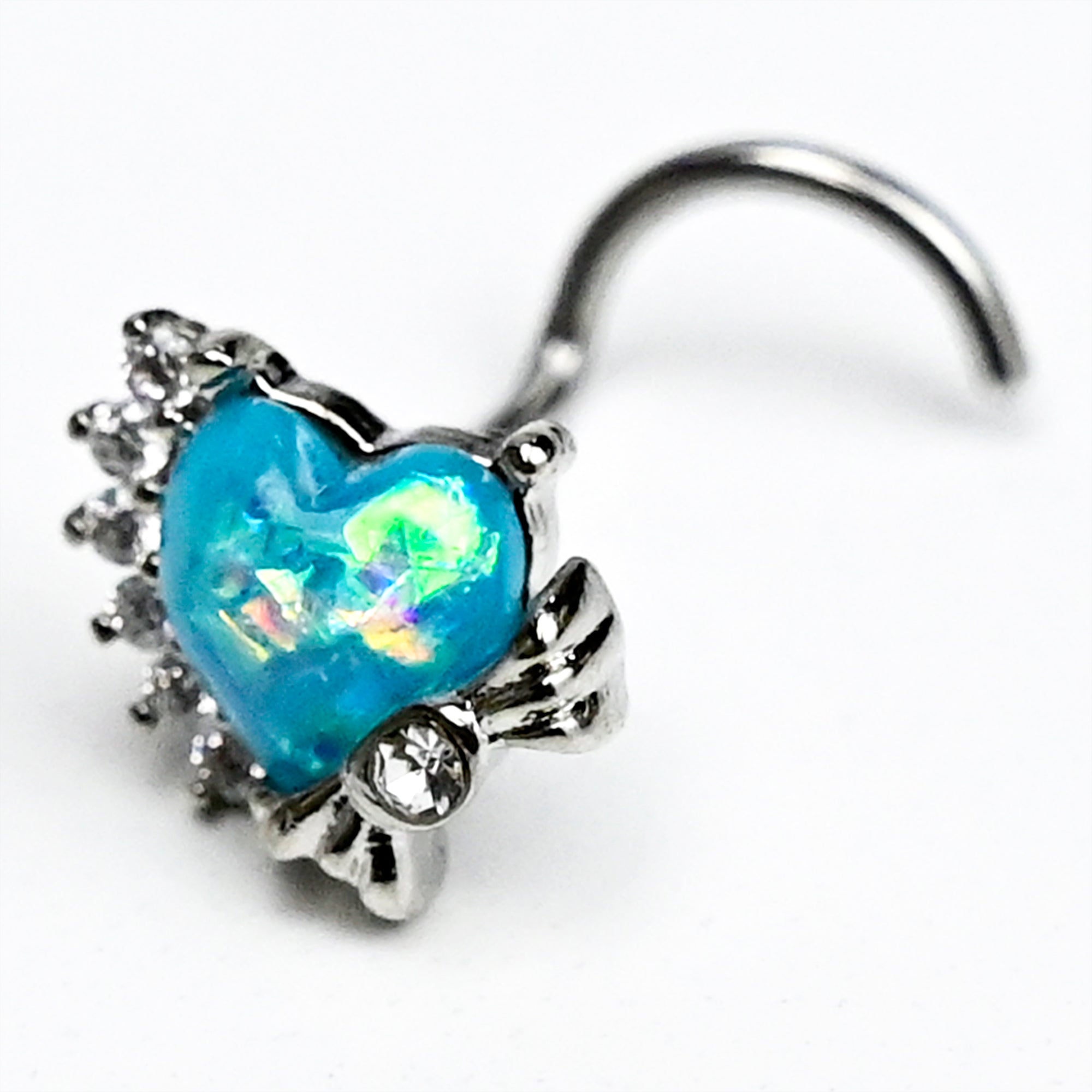 BodyCandy 20G 7mm Blue Faux Opal Sunny Heart Left Side Nose Screw — main product shot