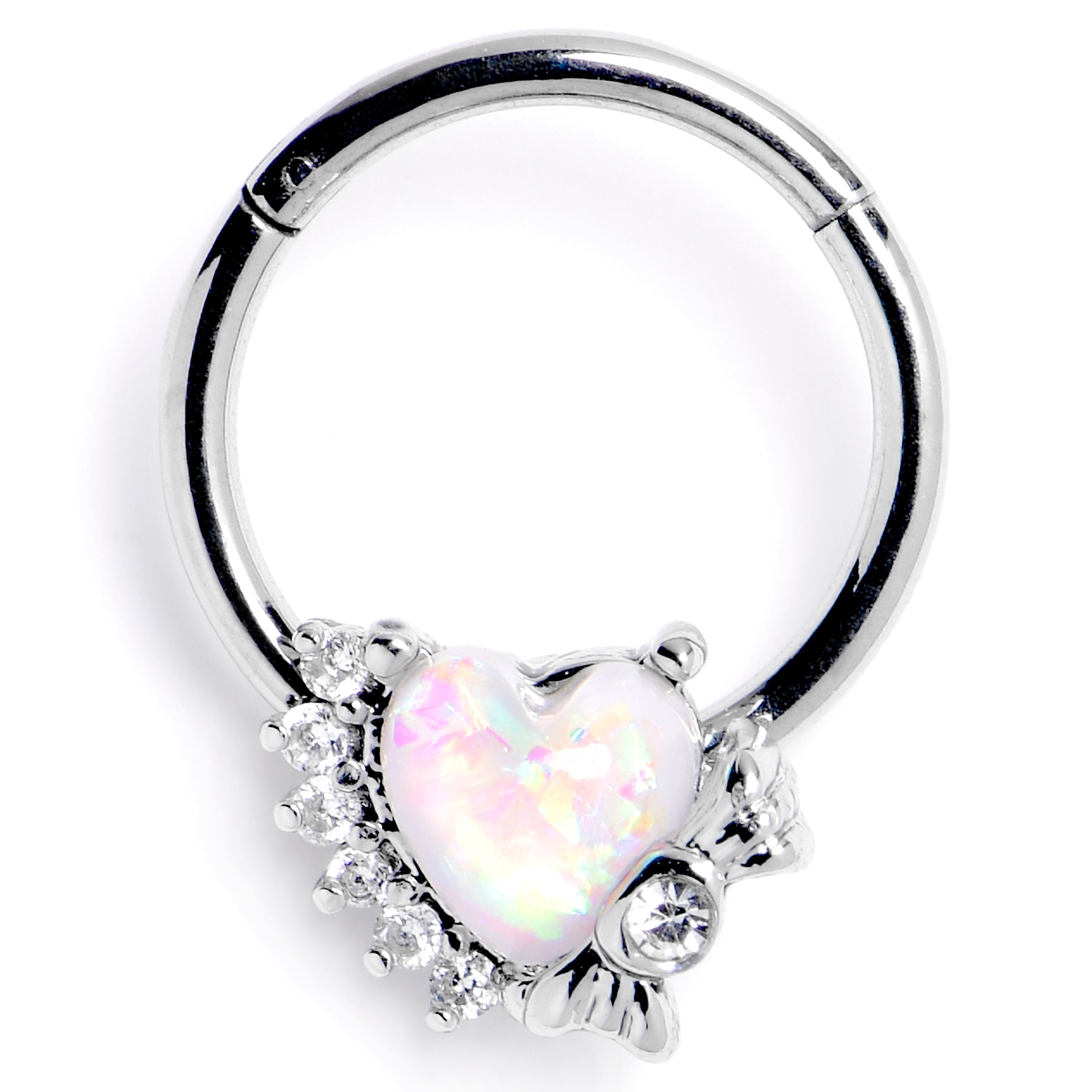 BodyCandy 16G 3/8 White Faux Opal Sunny Heart Hinged Segment Ring — main product shot