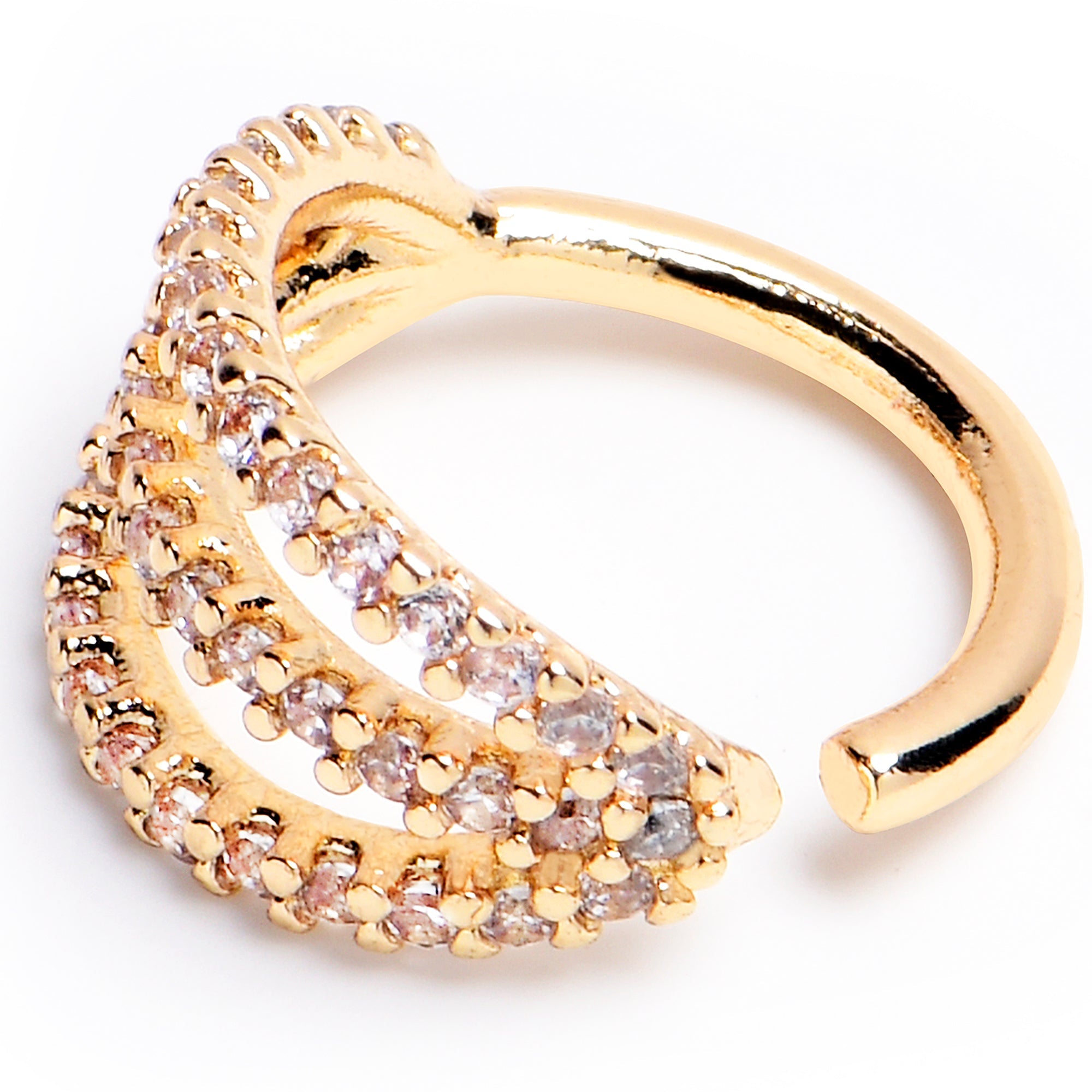 BodyCandy 16G 5/16 Clear CZ Gem Gold Tone Faux Triple Hoop Closure Ring — detail close-up