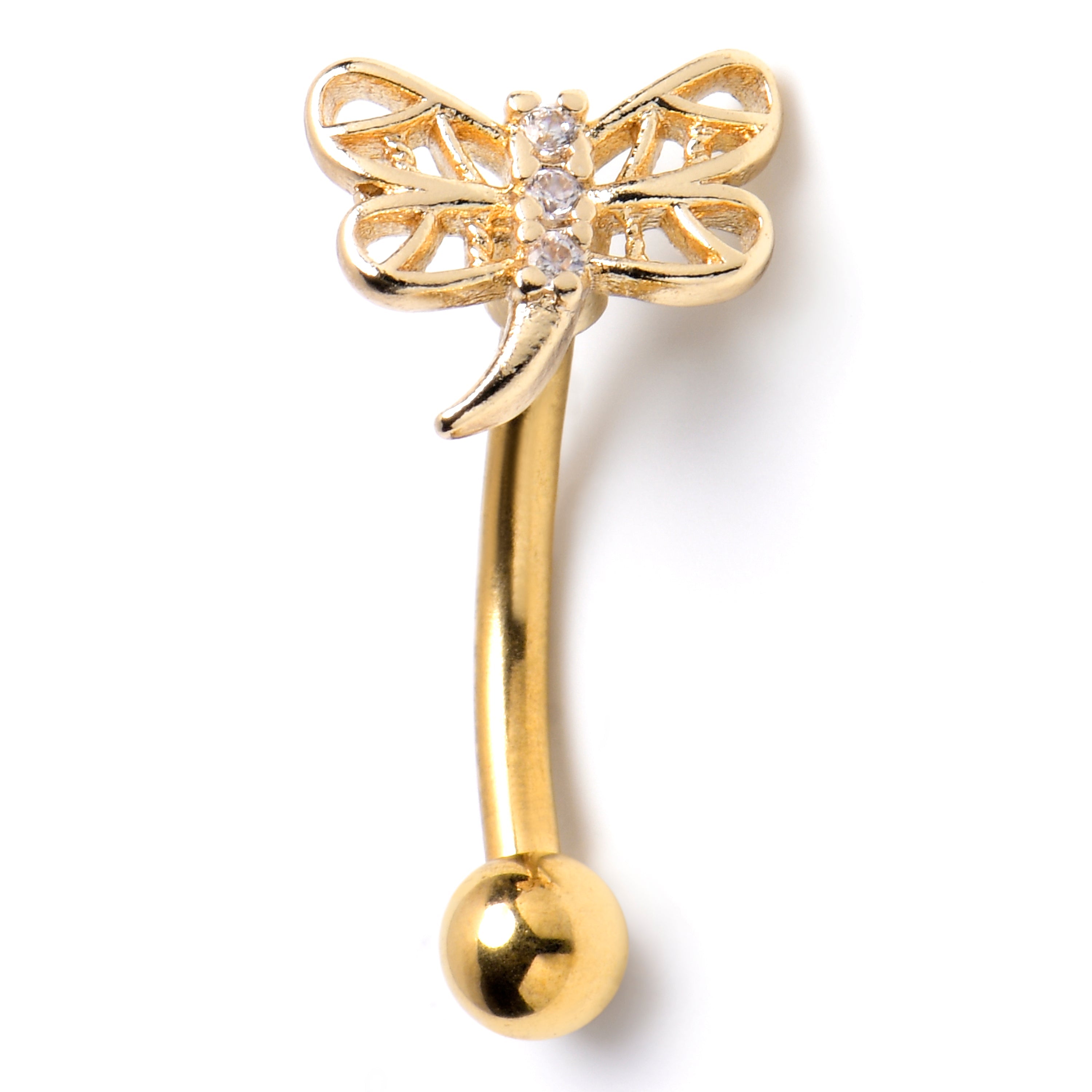 BodyCandy 16G 5/16 Clear Gem Gold Tone Filigree Dragonfly Curved Eyebrow Ring — main product shot