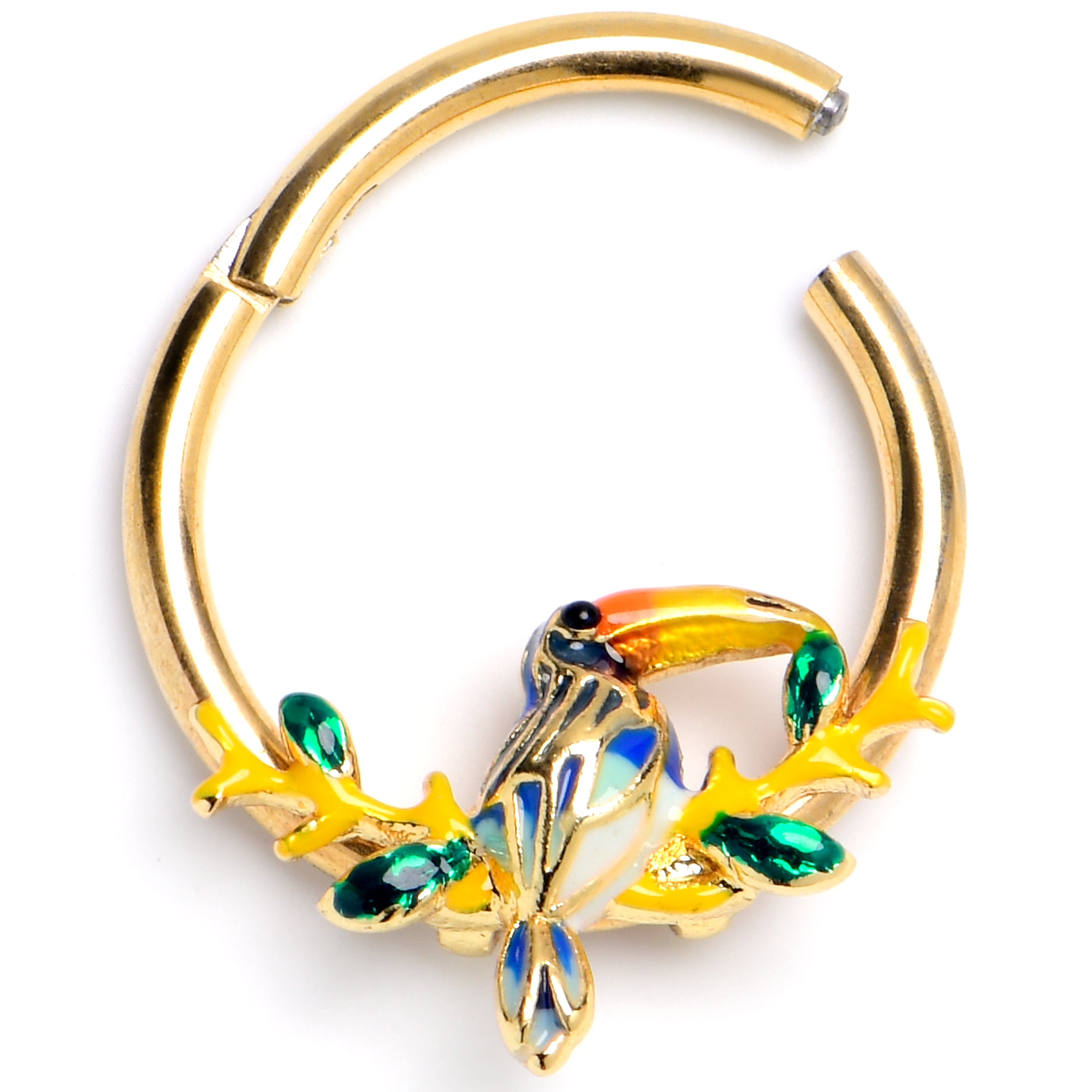 BodyCandy 16G 3/8 Green Gem Gold Tone Tropical Toucan Hinged Segment Ring — main product shot