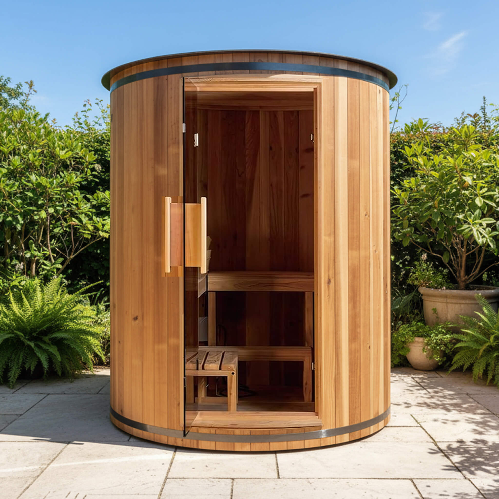 Thermora Barcelona Premium 78-Inch 4-Person Cedar Wood Outdoor Vertical Barrel Sauna With 6KW Heater, LED Lights And Stones (
