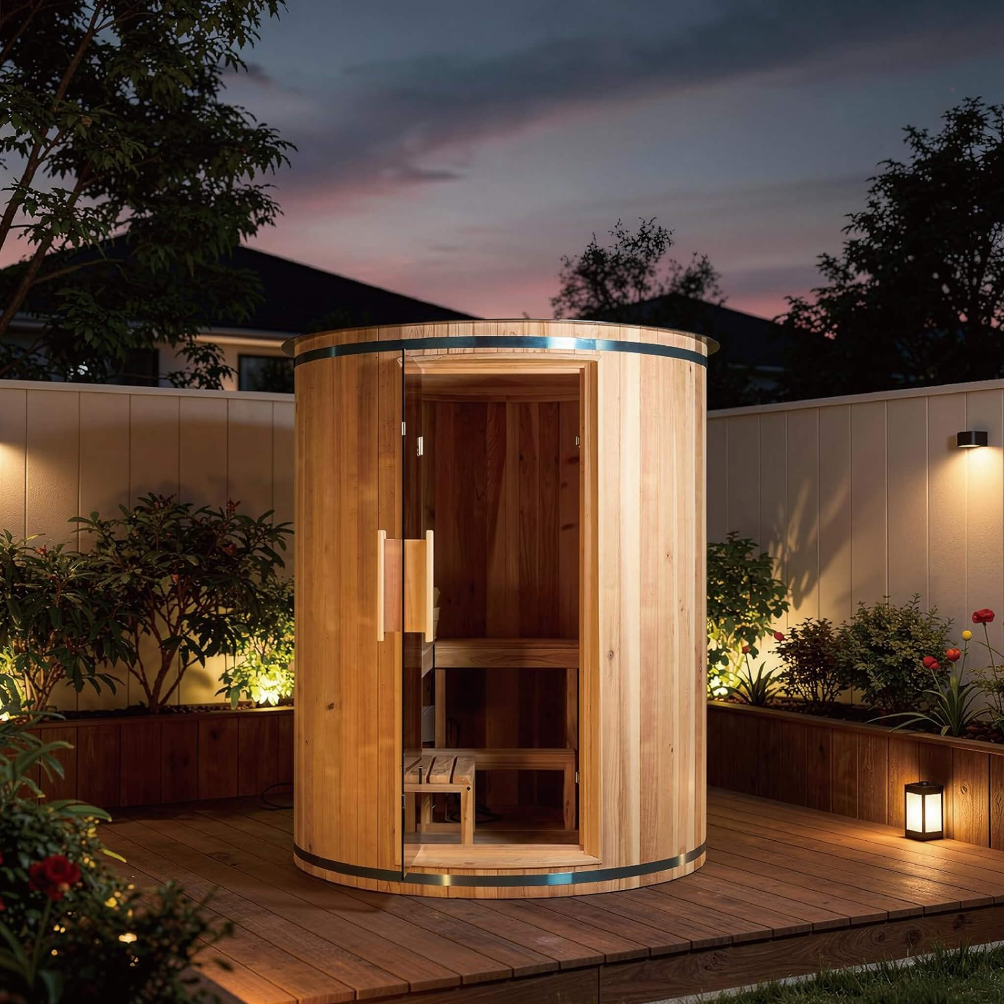 Thermora Barcelona Premium 78-Inch 4-Person Cedar Wood Outdoor Vertical Barrel Sauna With 6KW Heater, LED Lights And Stones (