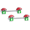 BodyCandy 14G 9/16 Happy Mushrooms Green Red Barbell Nipple Ring Set — main product shot