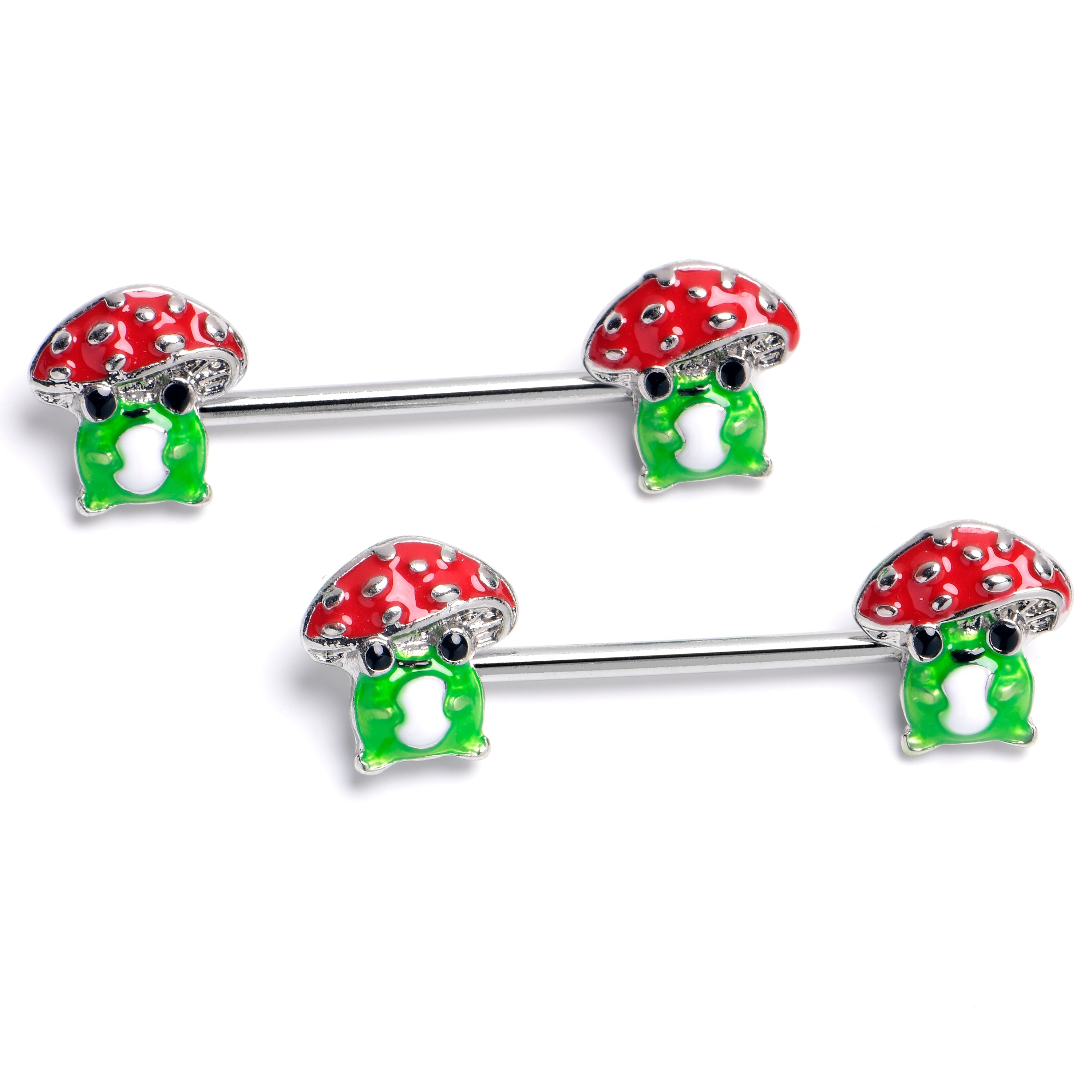 BodyCandy 14G 9/16 Happy Mushrooms Green Red Barbell Nipple Ring Set — main product shot