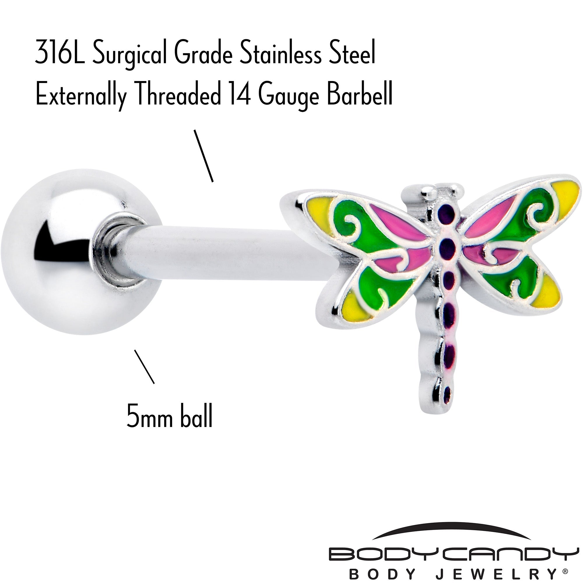 BodyCandy Dragonfly Colors Barbell Tongue Ring — detail close-up