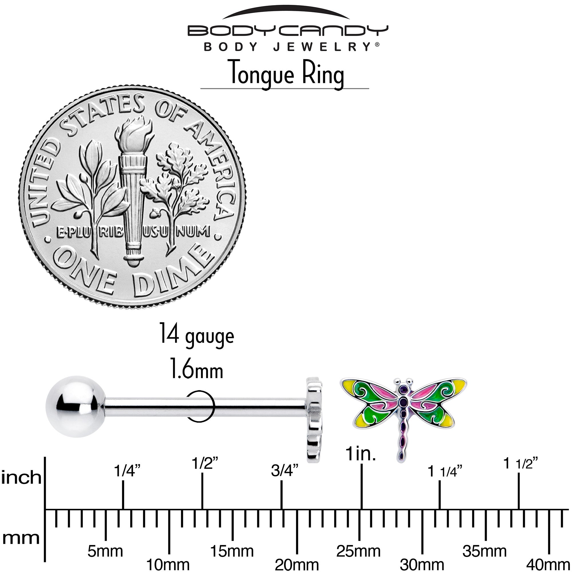 BodyCandy Dragonfly Colors Barbell Tongue Ring — back view