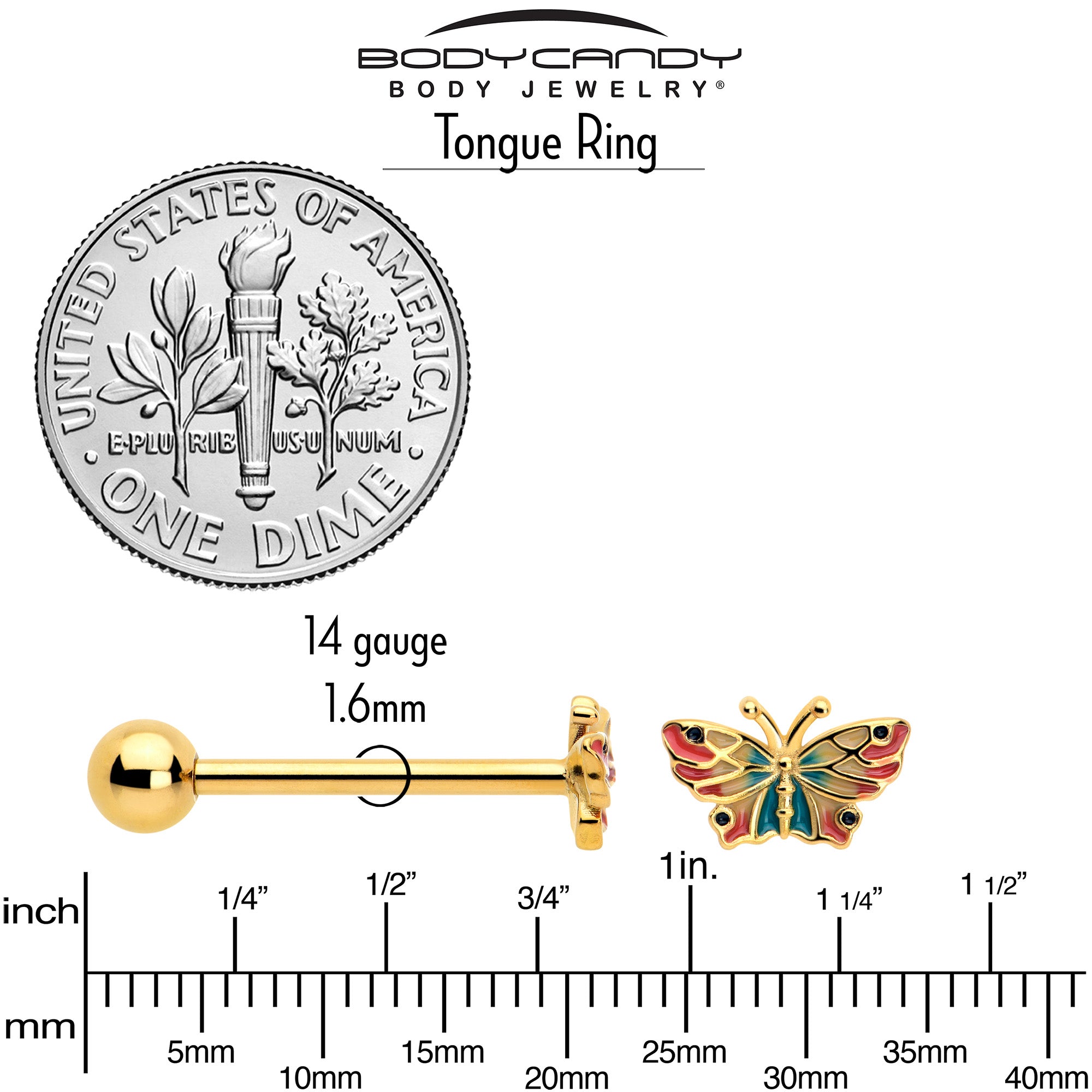 BodyCandy Gold Tone Sunrise Butterfly Barbell Tongue Ring — back view