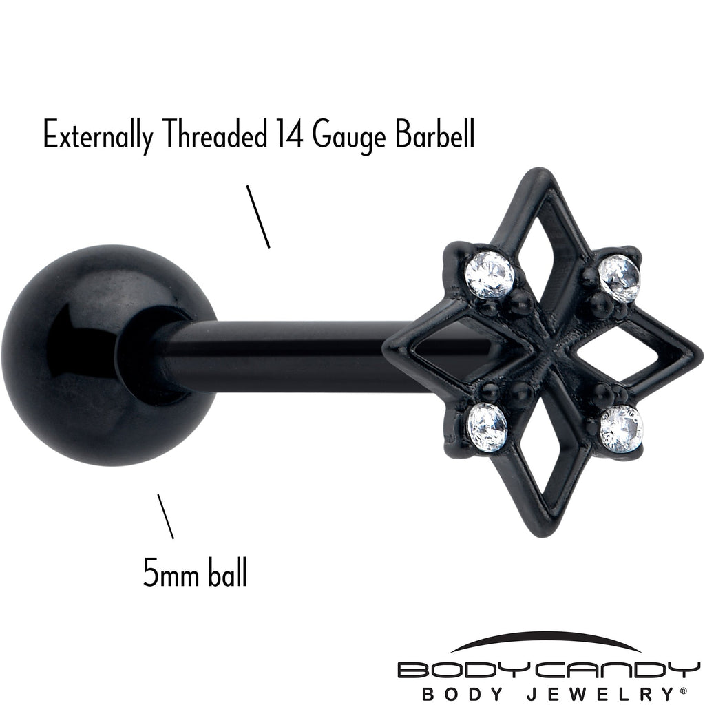 BodyCandy Clear CZ Gem Black Gothic Star Barbell Tongue Ring — detail close-up