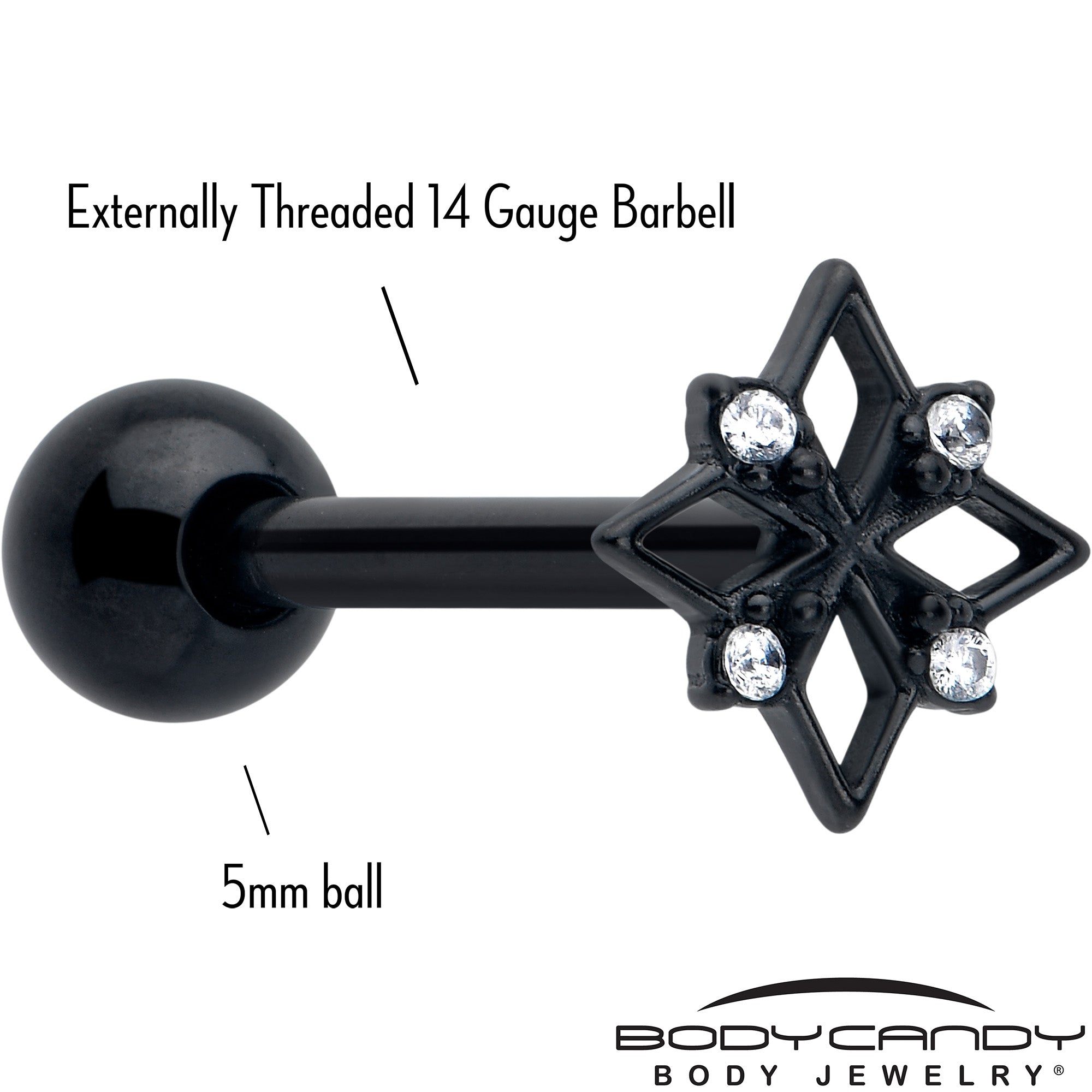 BodyCandy Clear CZ Gem Black Gothic Star Barbell Tongue Ring — detail close-up