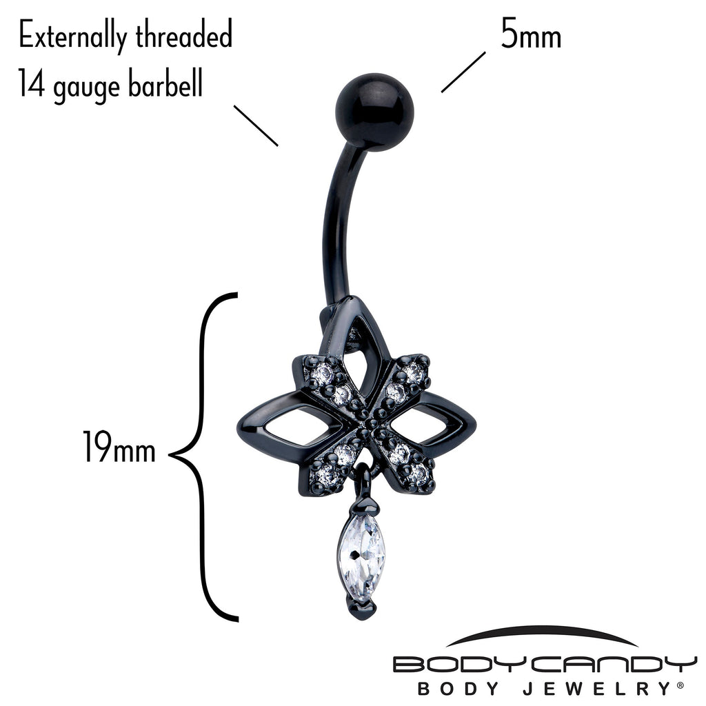 BodyCandy Clear CZ Gem Black Gothic Star Dangle Belly Ring — detail close-up