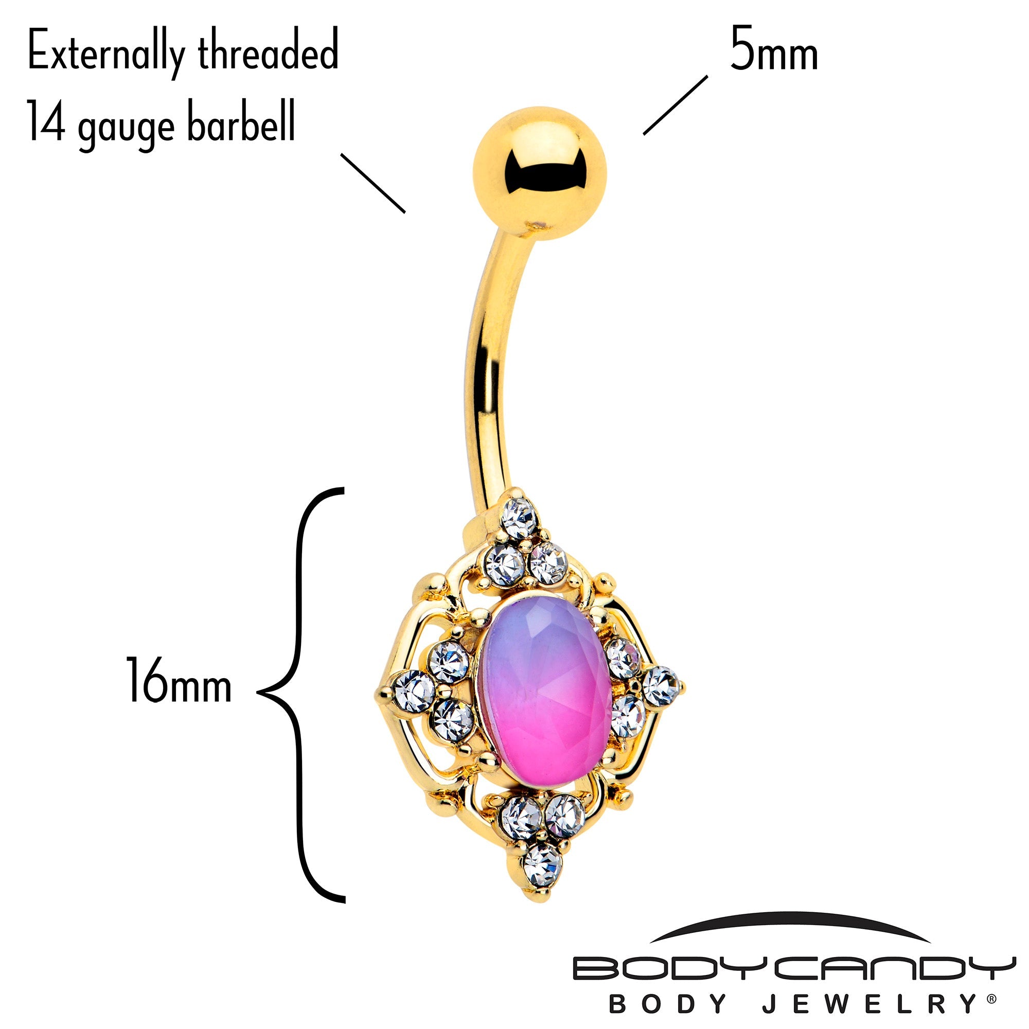 BodyCandy Pink Tourmaline Gold Tone Wondrous Glam Belly Ring — detail close-up