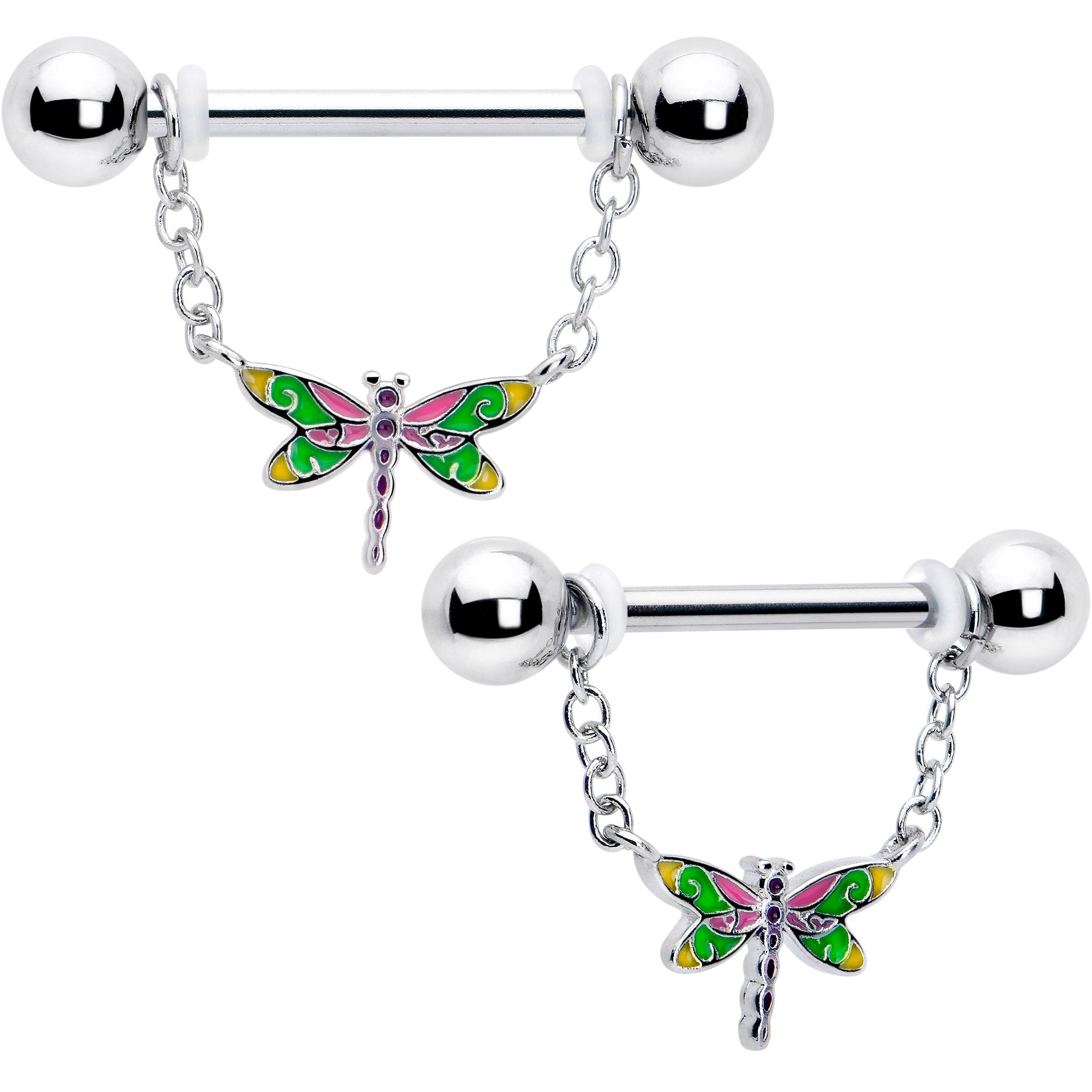 BodyCandy 14G 9/16 Dragonfly Colors Chain Dangle Nipple Ring Set — main product shot