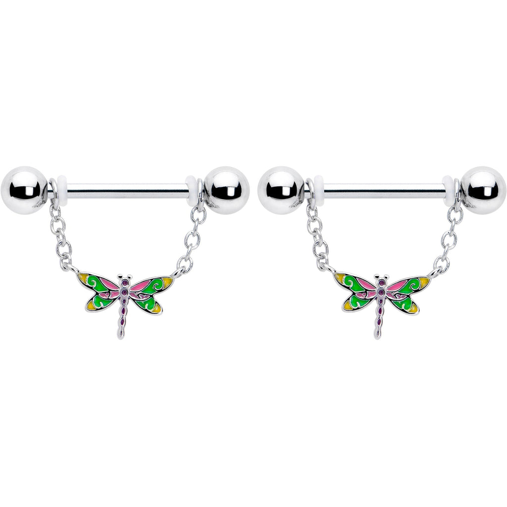 BodyCandy 14G 9/16 Dragonfly Colors Chain Dangle Nipple Ring Set — detail close-up