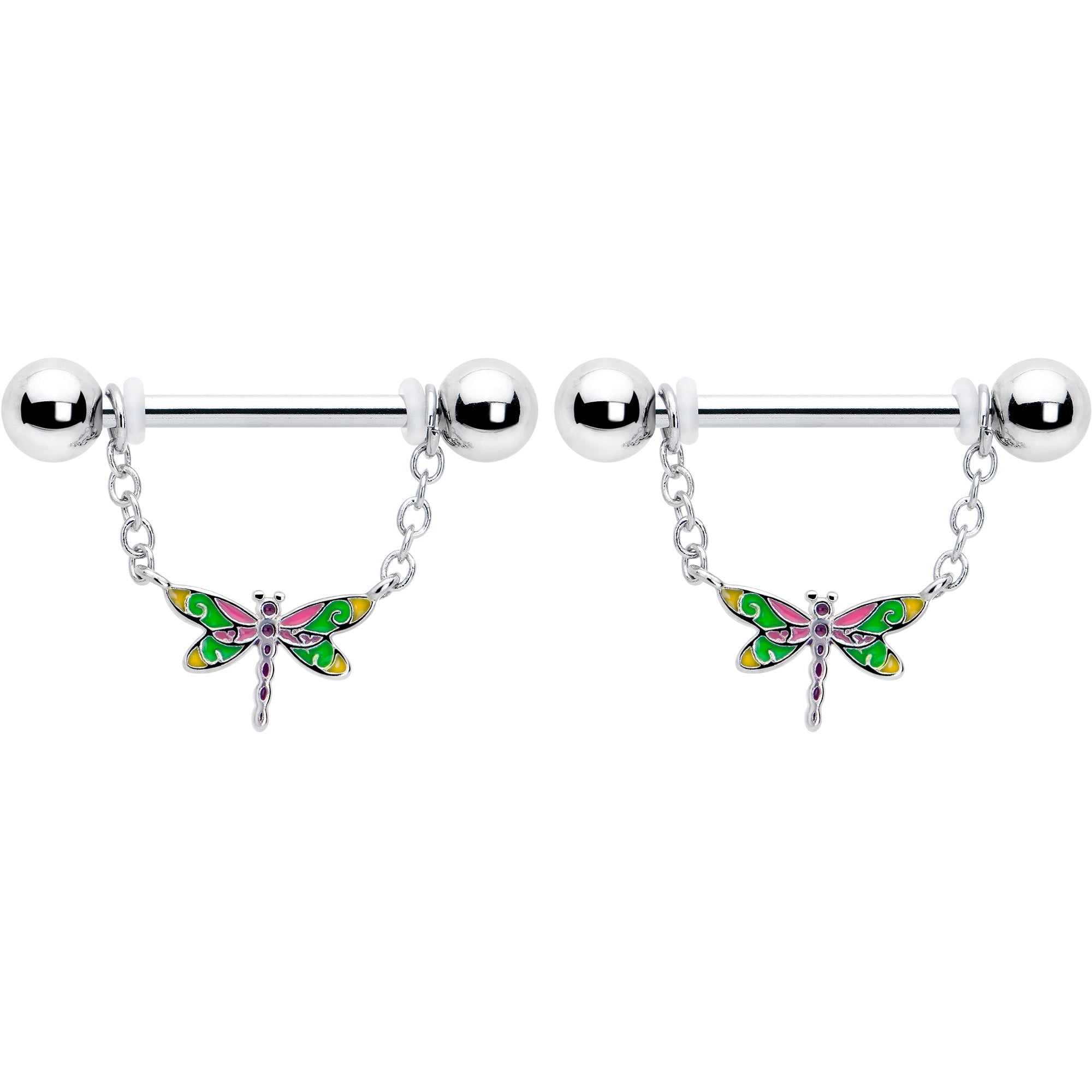 BodyCandy 14G 9/16 Dragonfly Colors Chain Dangle Nipple Ring Set — detail close-up