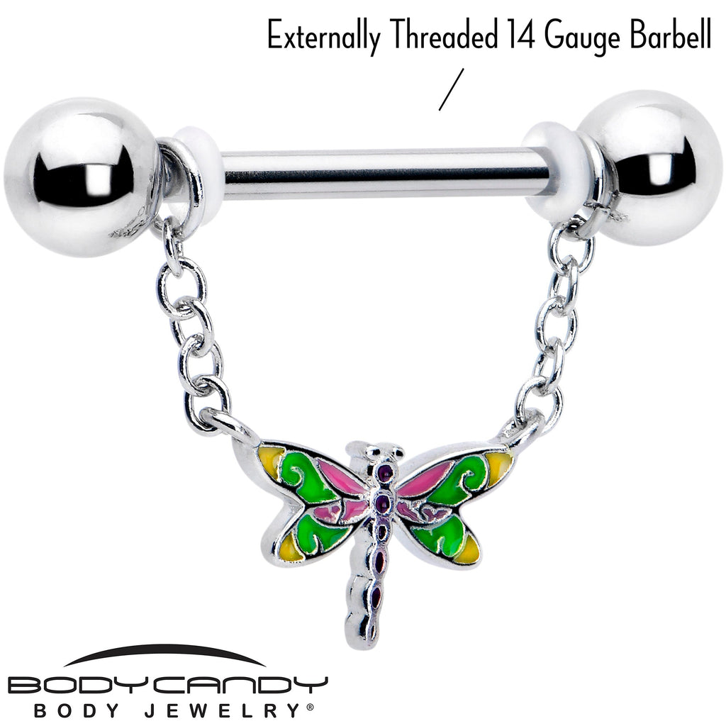BodyCandy 14G 9/16 Dragonfly Colors Chain Dangle Nipple Ring Set — lifestyle context