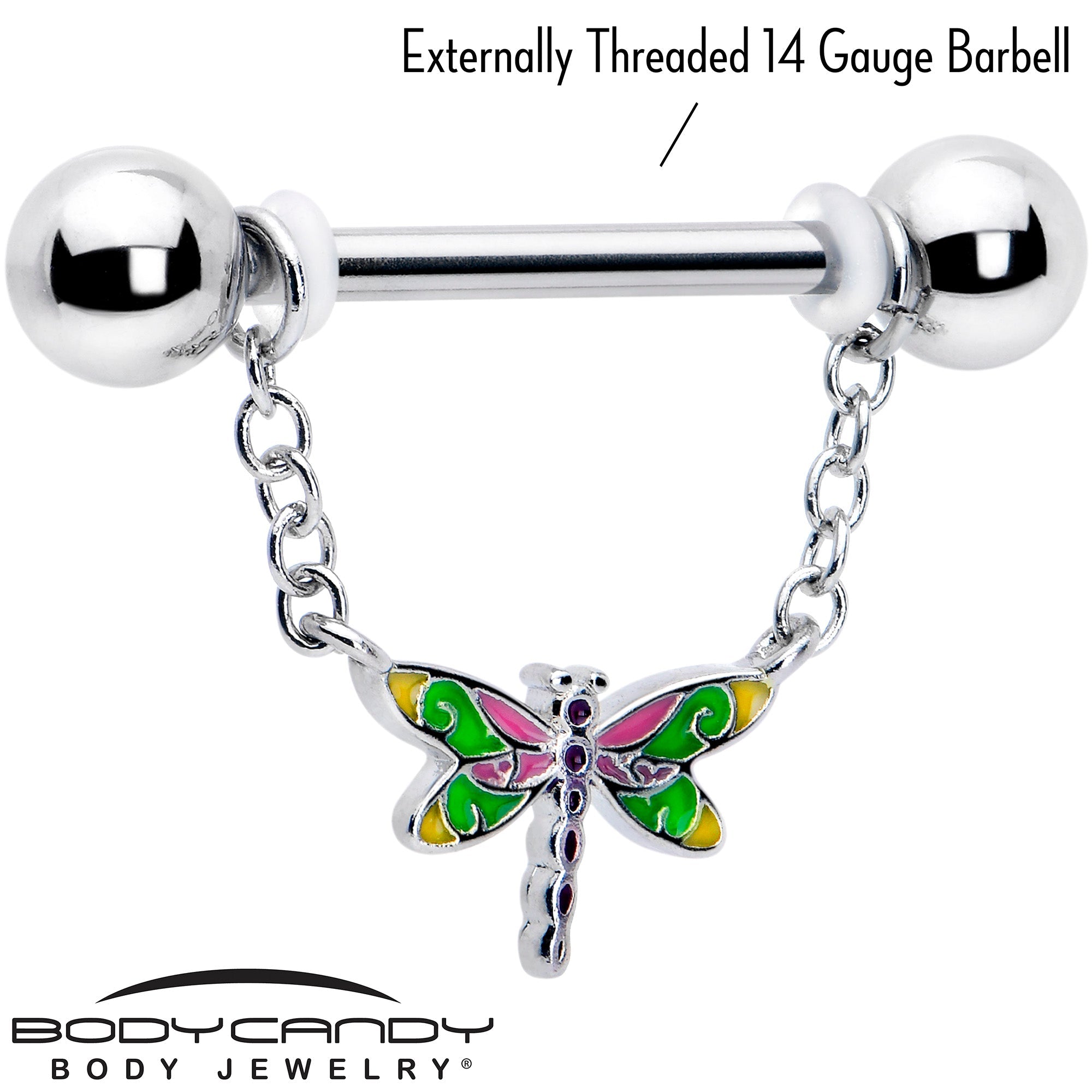 BodyCandy 14G 9/16 Dragonfly Colors Chain Dangle Nipple Ring Set — lifestyle context