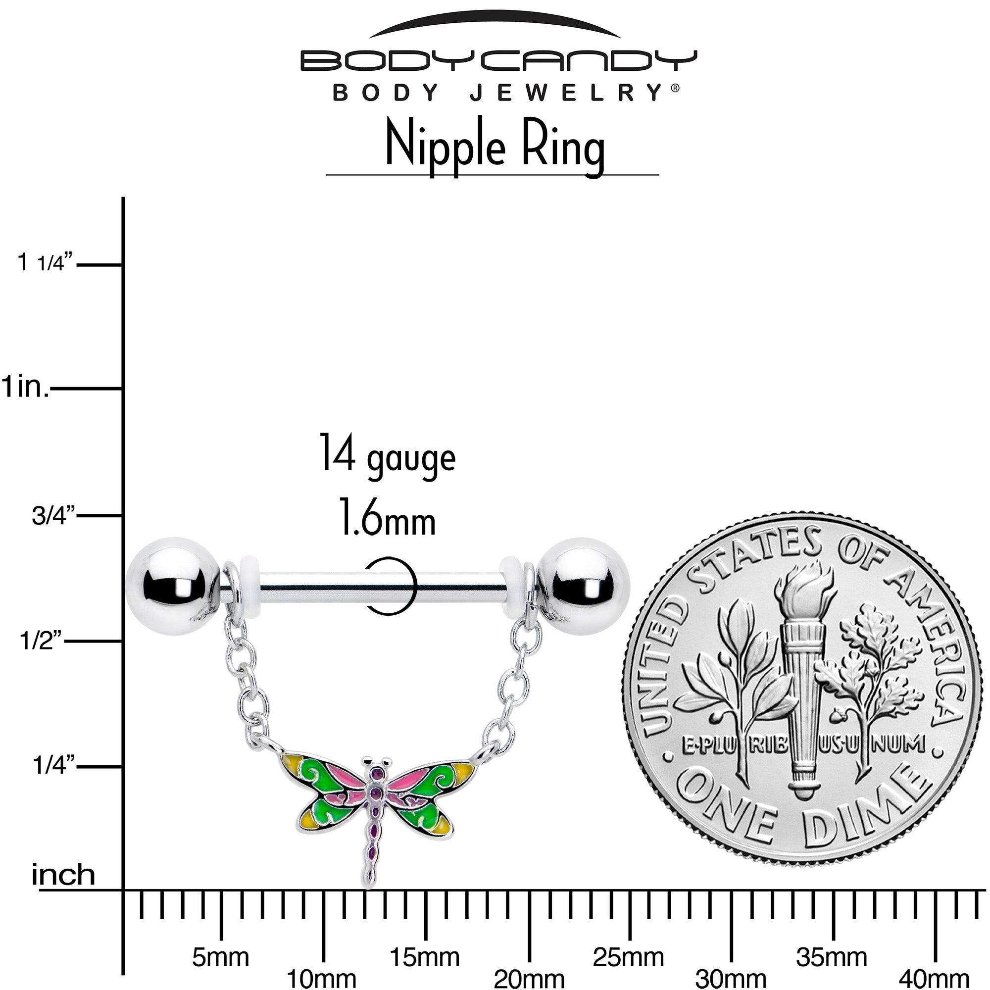 BodyCandy 14G 9/16 Dragonfly Colors Chain Dangle Nipple Ring Set — side view