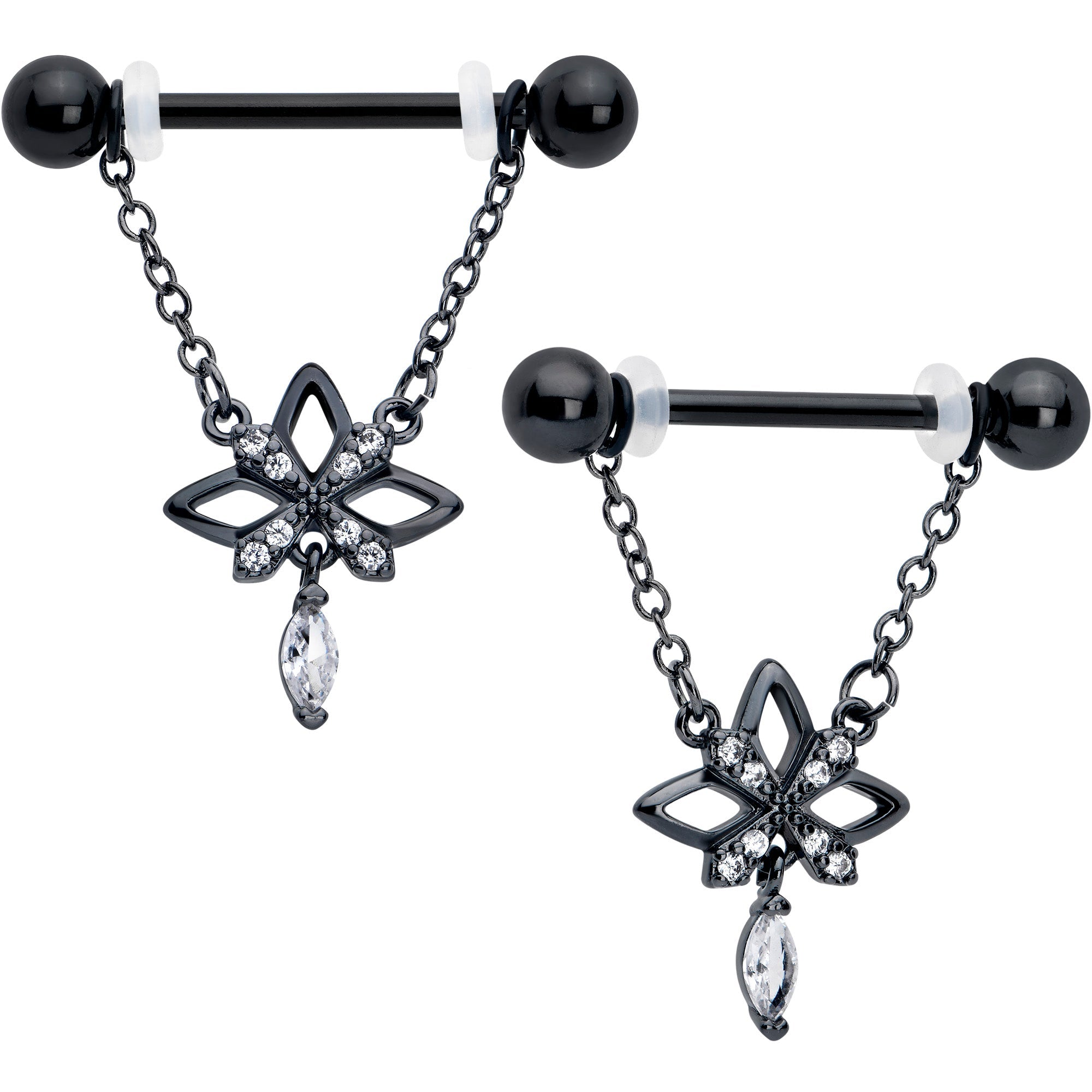 BodyCandy 14G 9/16 Clear CZ Gem Black Gothic Star Dangle Nipple Ring Set — main product shot