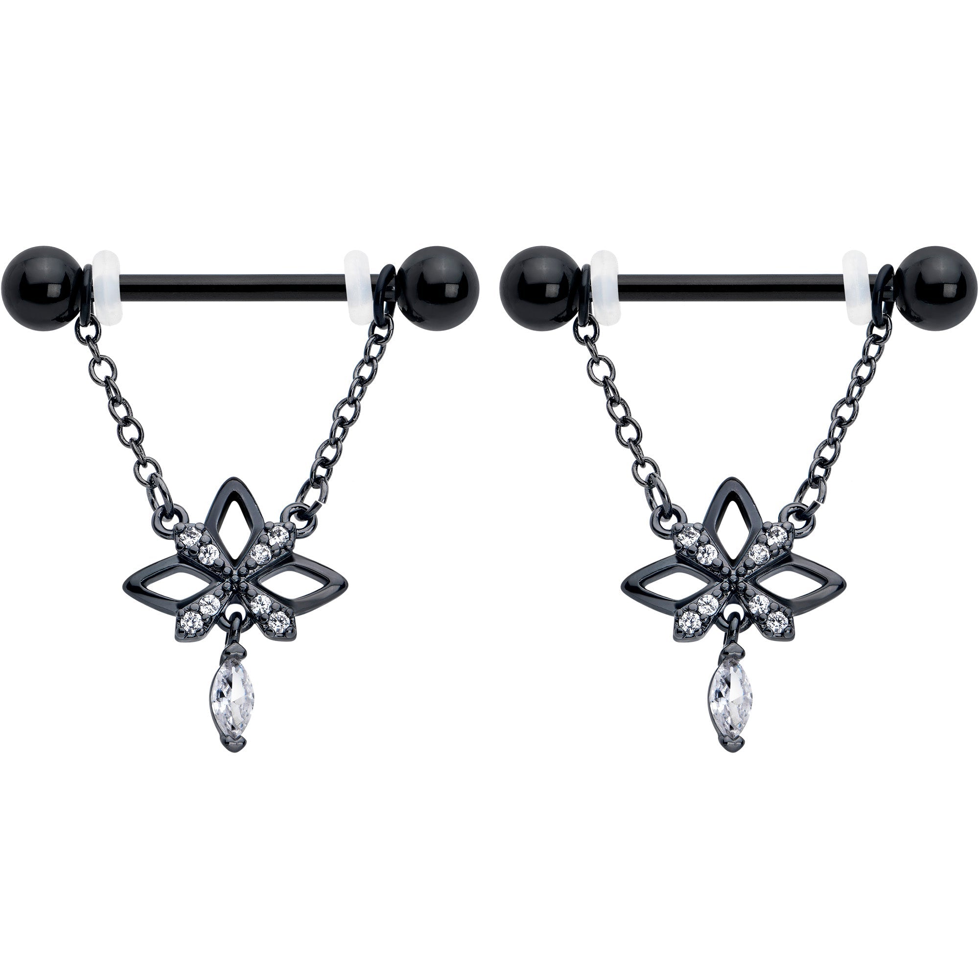 BodyCandy 14G 9/16 Clear CZ Gem Black Gothic Star Dangle Nipple Ring Set — detail close-up