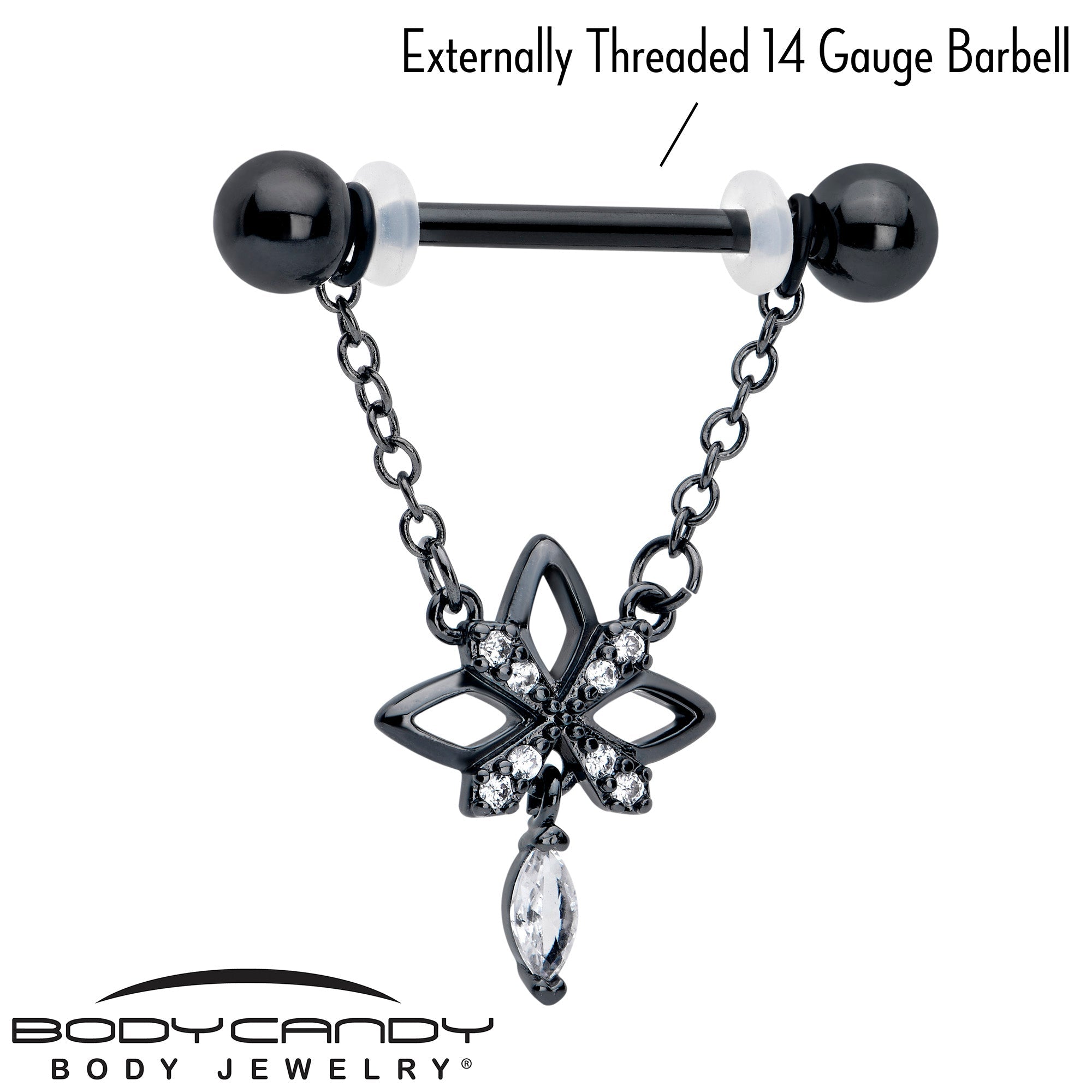 BodyCandy 14G 9/16 Clear CZ Gem Black Gothic Star Dangle Nipple Ring Set — lifestyle context