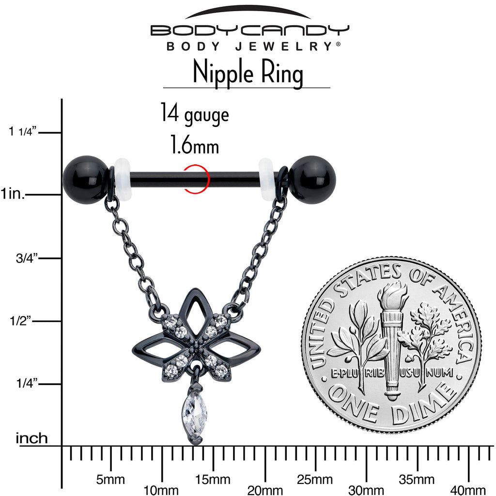 BodyCandy 14G 9/16 Clear CZ Gem Black Gothic Star Dangle Nipple Ring Set — side view