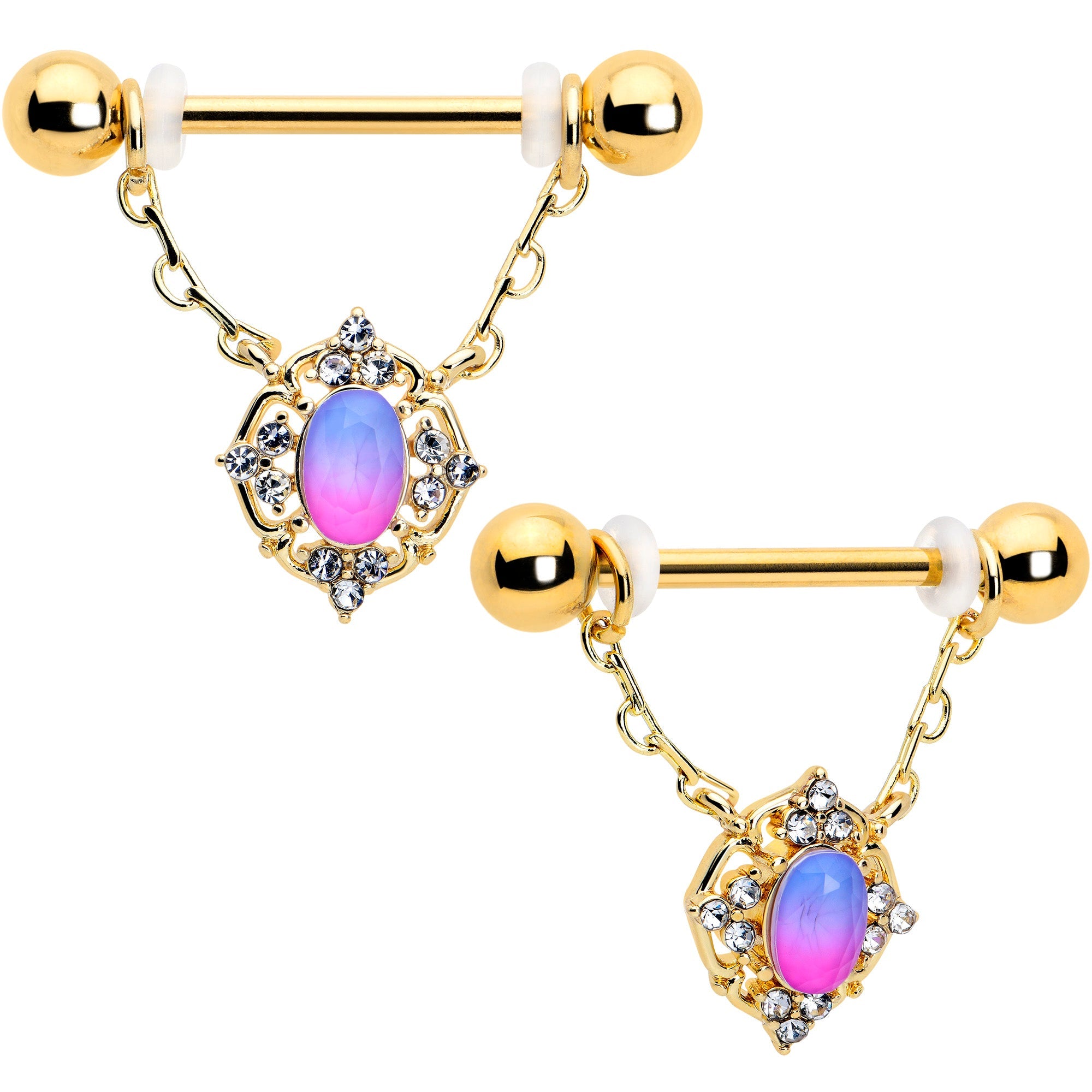 BodyCandy 14G 9/16 Pink Tourmaline Gold Tone Wondrous Dangle Nipple Ring Set — main product shot