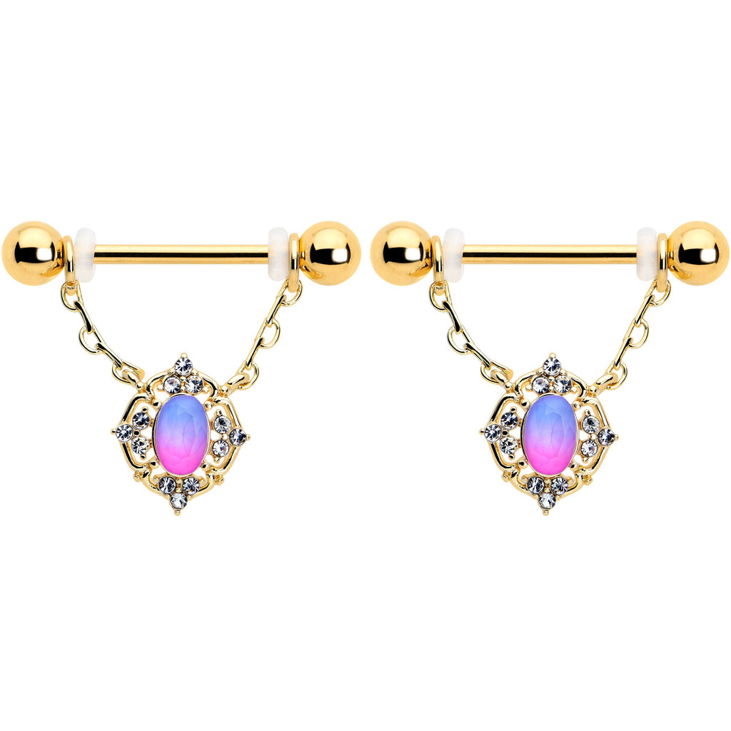 BodyCandy 14G 9/16 Pink Tourmaline Gold Tone Wondrous Dangle Nipple Ring Set — detail close-up