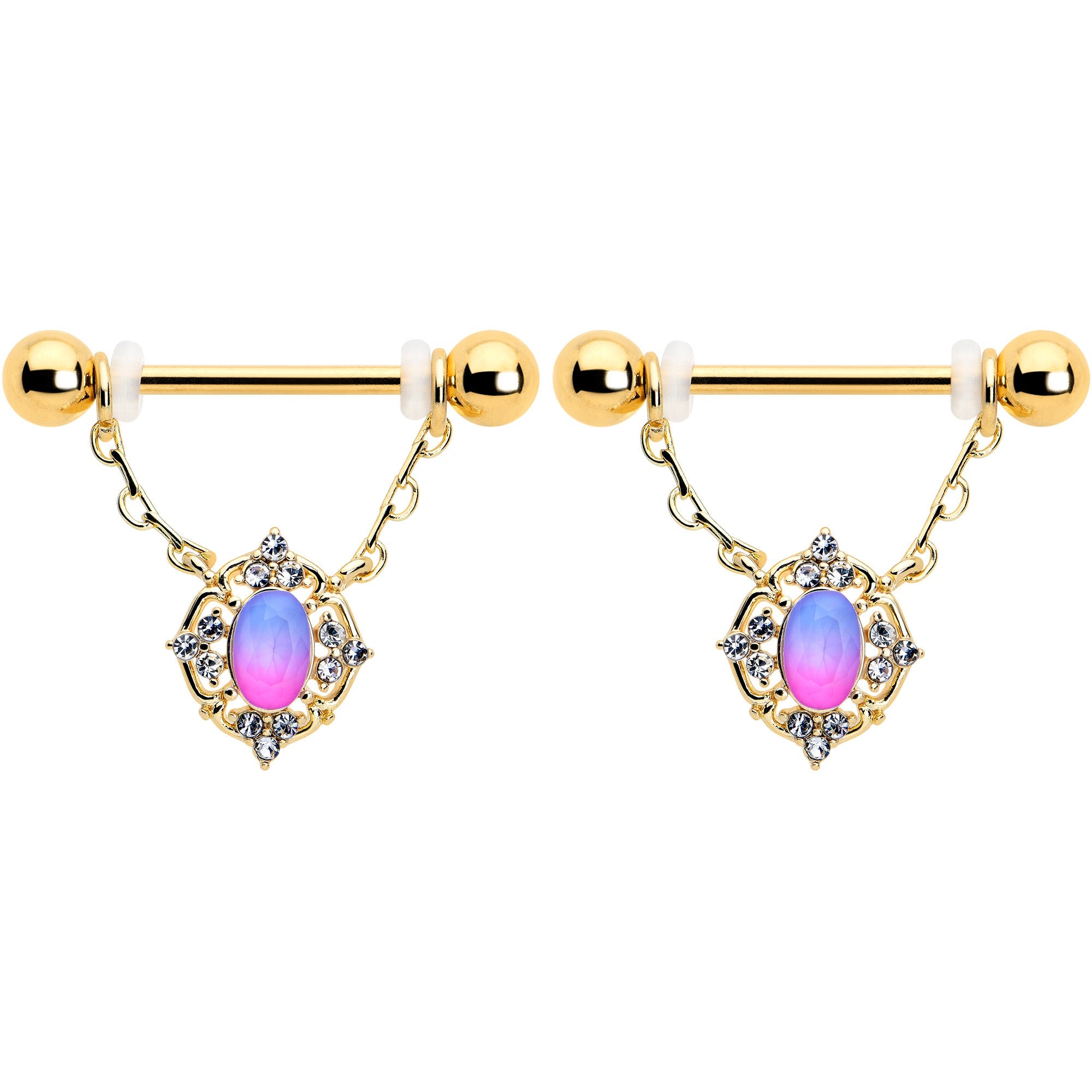 BodyCandy 14G 9/16 Pink Tourmaline Gold Tone Wondrous Dangle Nipple Ring Set — detail close-up