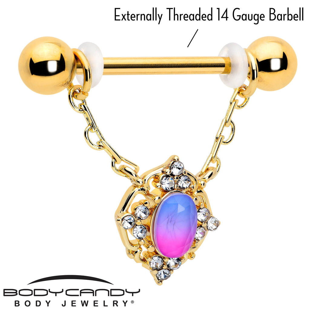 BodyCandy 14G 9/16 Pink Tourmaline Gold Tone Wondrous Dangle Nipple Ring Set — lifestyle context