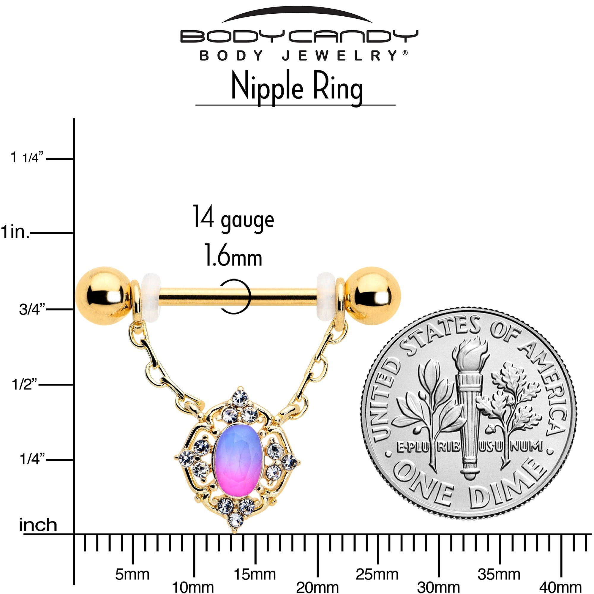 BodyCandy 14G 9/16 Pink Tourmaline Gold Tone Wondrous Dangle Nipple Ring Set — side view