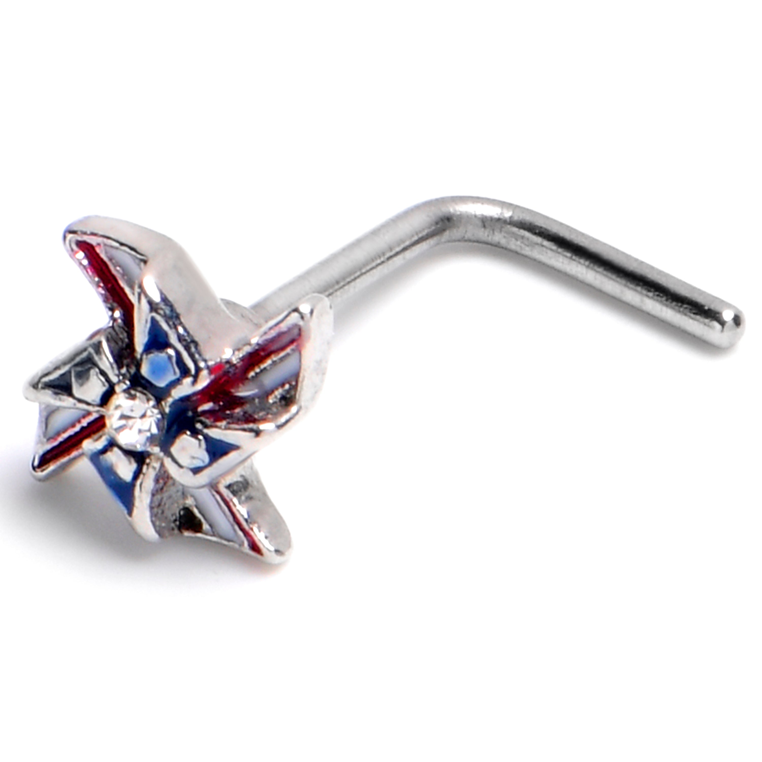BodyCandy 20G 7mm Clear Gem Festive Patriot Pinwheel L Shape Nose Ring — main product shot