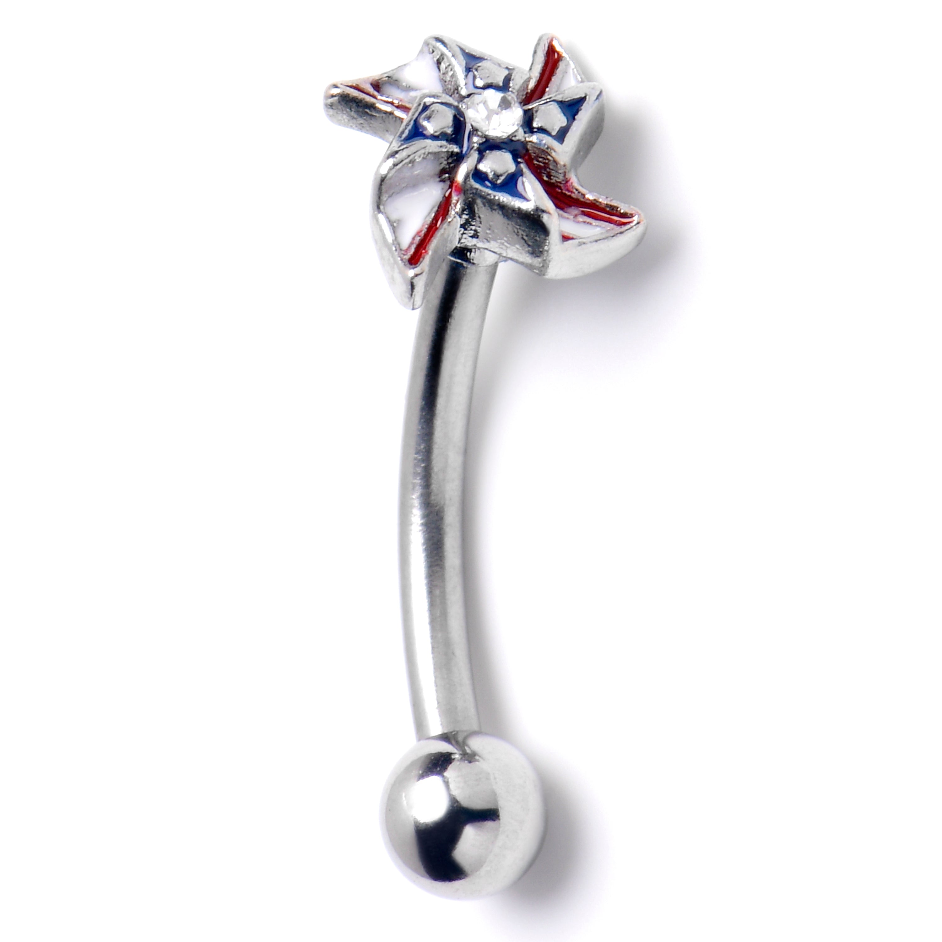 BodyCandy 16G 5/16 Clear Gem Festive Patriot Pinwheel Curved Eyebrow Ring — main product shot